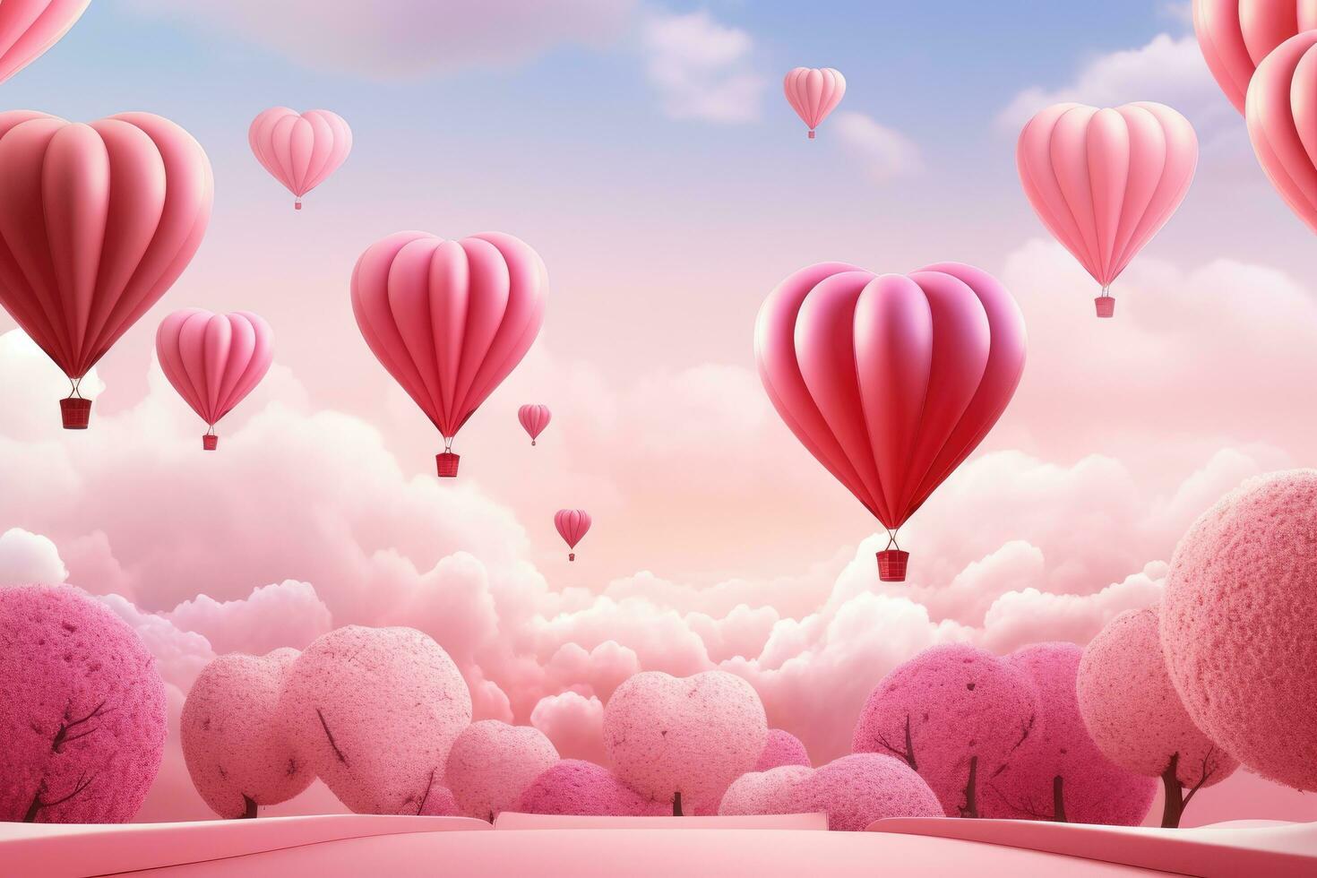 AI generated Valentine's day background with pink hot air balloons flying in the sky, 3D illustration of Valentine's day background with hearts and hot air balloons, AI Generated photo