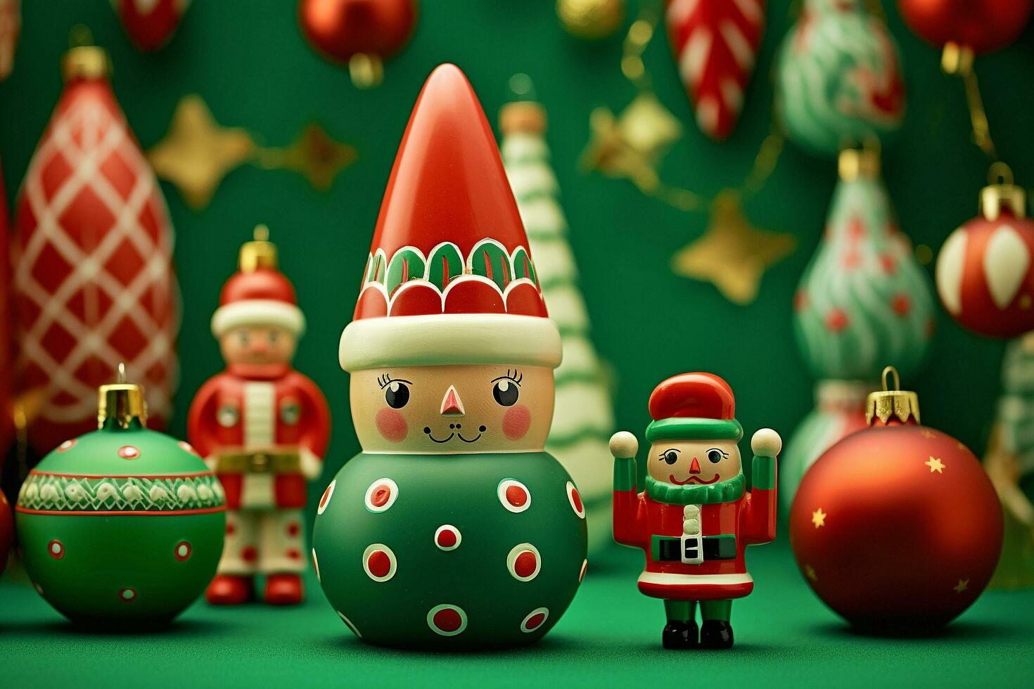 AI generated Beautiful christmas balls and toys on green background banner with text space photo