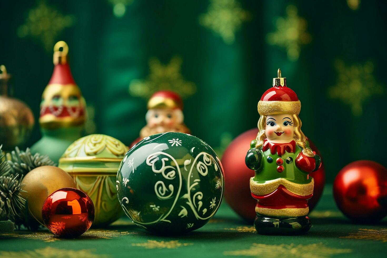 AI generated Beautiful christmas balls and toys on green background banner with text space photo