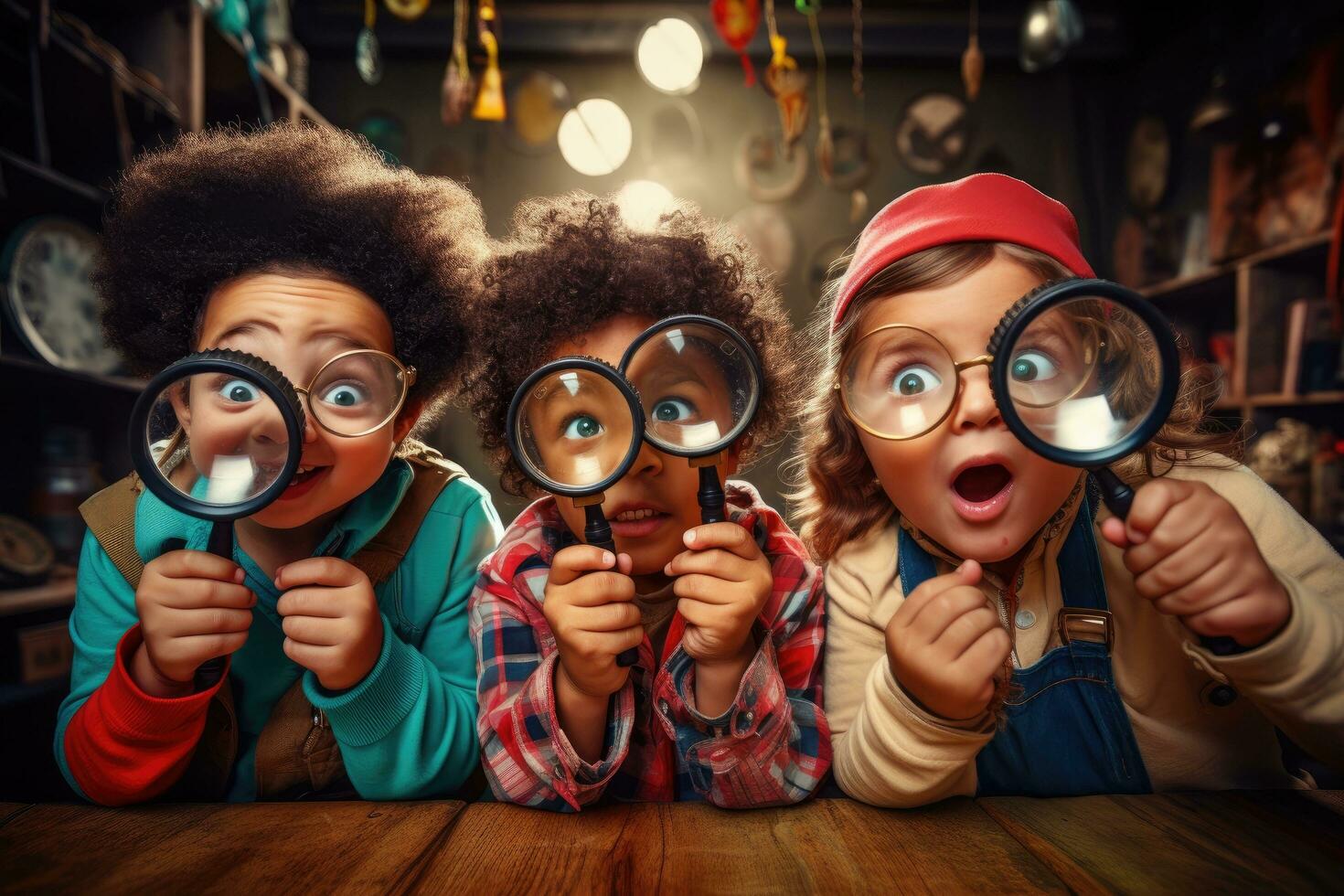 AI generated Portrait of a group of kids looking through magnifying glass, A group of kindergarten kids, friends holding magnifying glasses for exploration, AI Generated photo