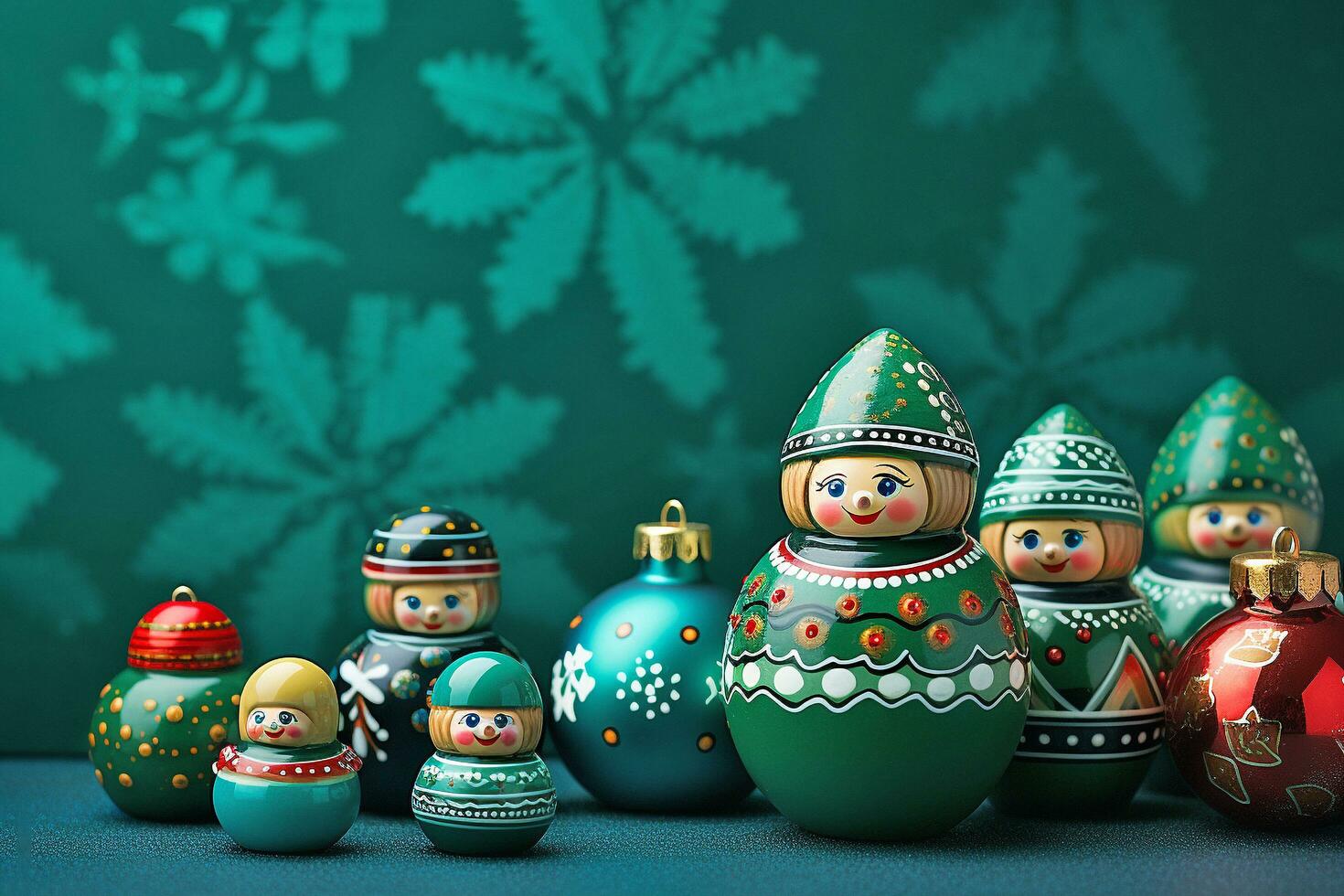 AI generated Beautiful christmas balls and toys on green background banner with text space photo