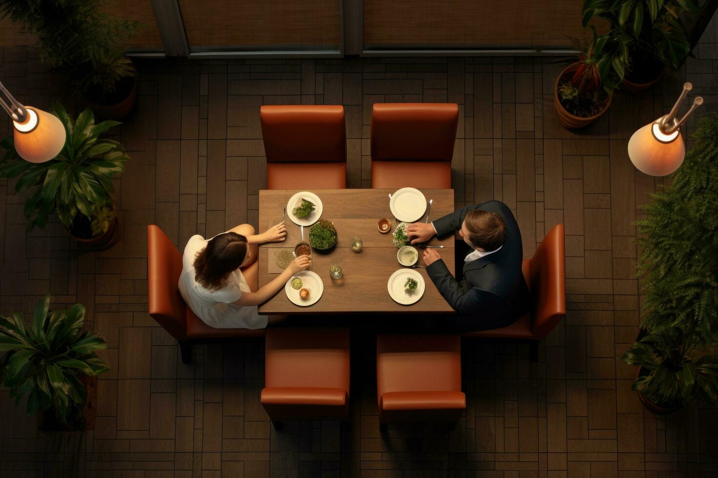 AI generated Top view of a young couple having a romantic dinner in a restaurant, A couple having a dinner date at a restaurant, top view, AI Generated photo