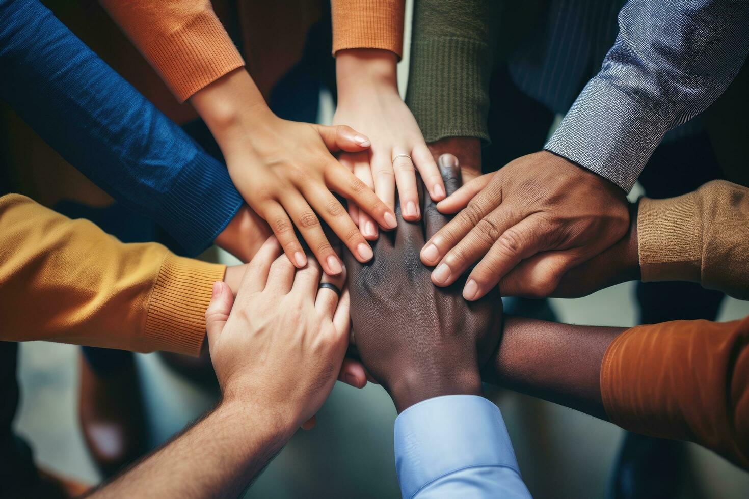 AI generated Group of multiethnic businesspeople joining hands together in a circle, A group of diverse hands holding each other in support, teamwork aerial view, AI Generated photo