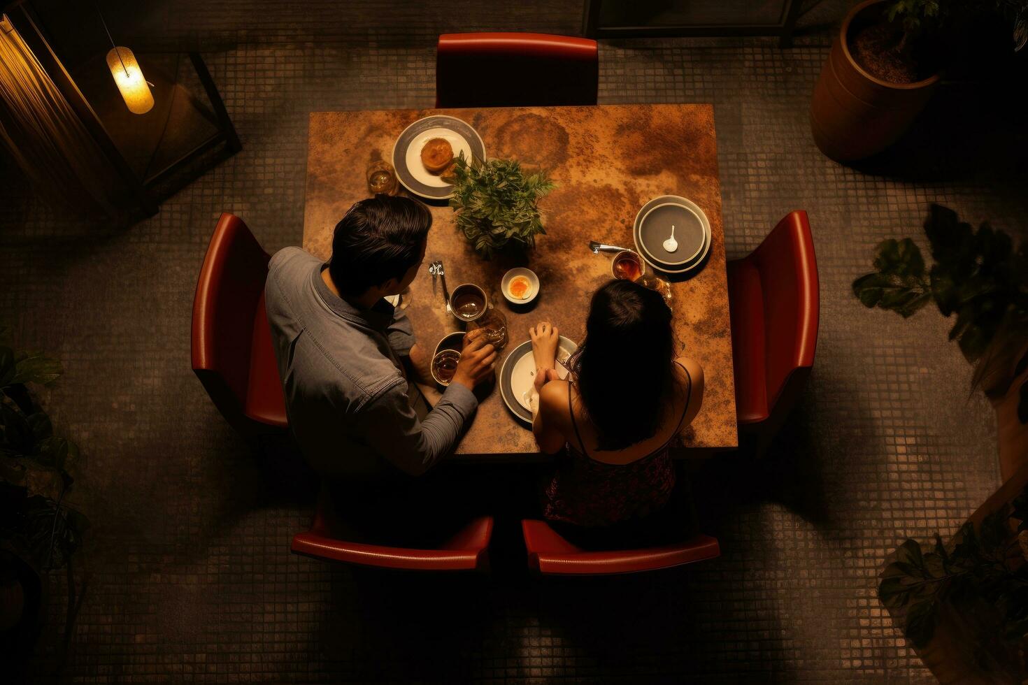 AI generated Couple sitting at a table in a restaurant. View from above, A couple having a dinner date at a restaurant, top view, AI Generated photo