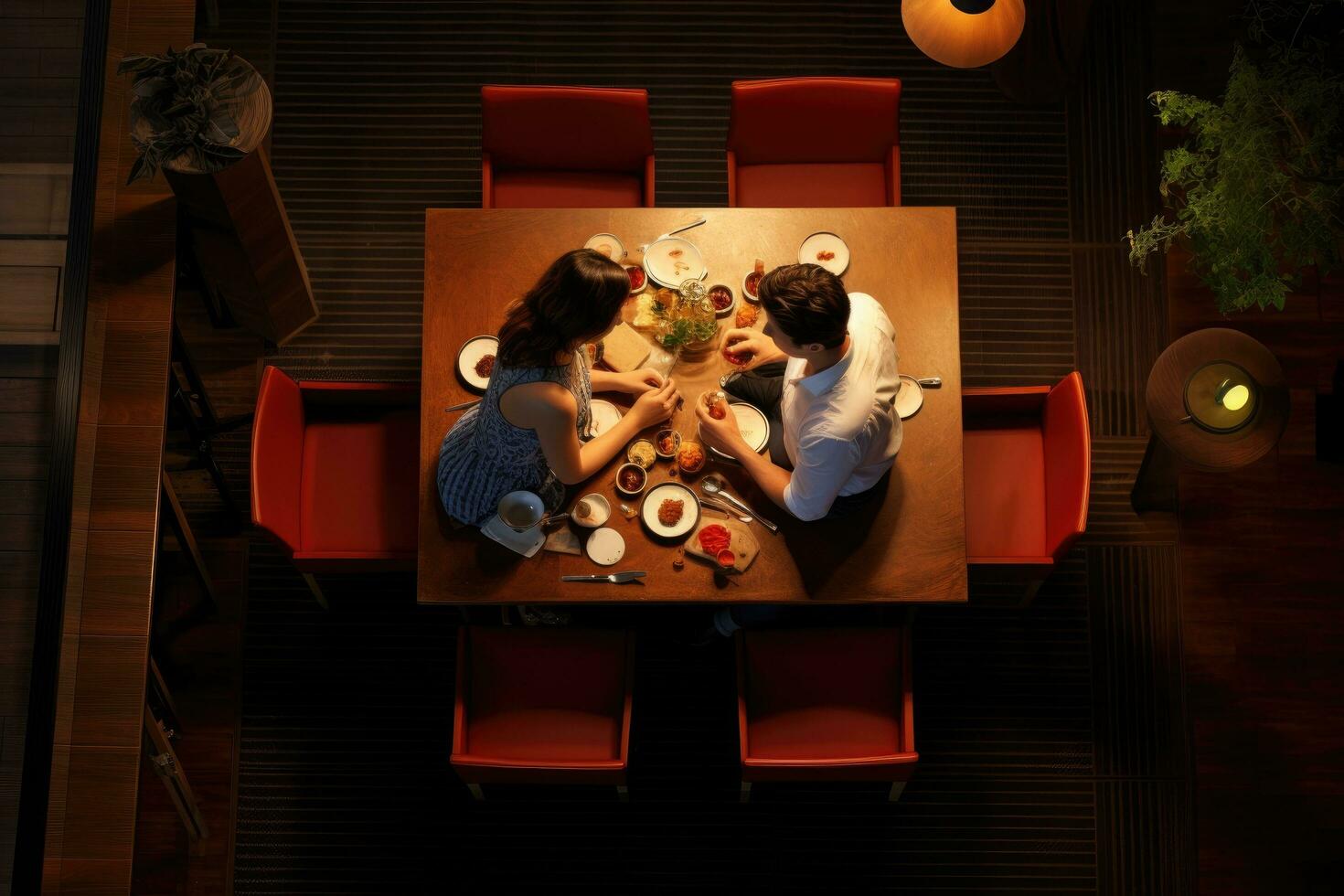 AI generated Top view of young couple sitting at table in cafe and having dinner, A couple having a dinner date at a restaurant, top view, AI Generated photo