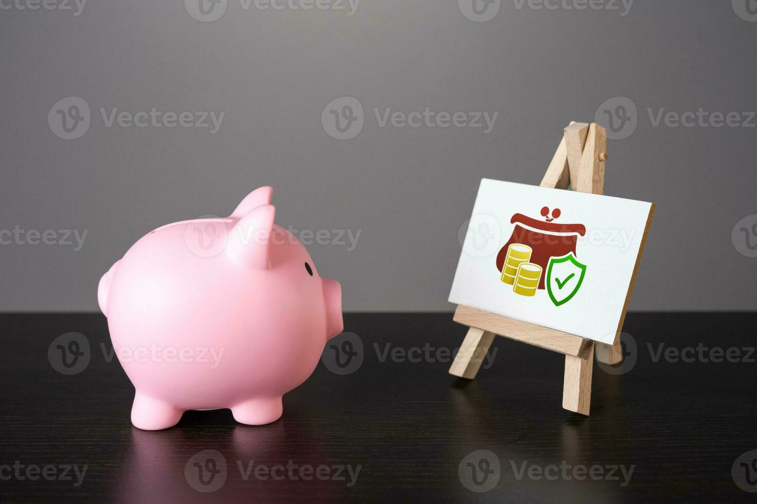 The piggy bank looks at guaranteeing the safety of savings. Deposits and savings. Loans and credits, mortgage. Economics and currency exchange, stock market. Funding and grants. photo
