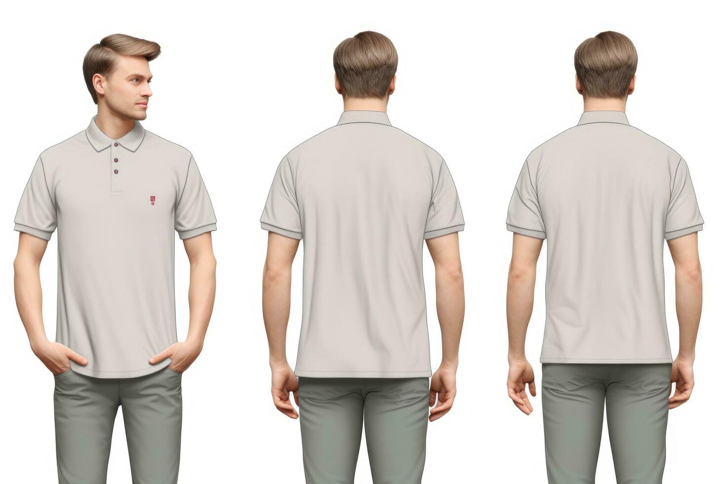 AI generated Blank white polo t-shirt template, front and back view. Mock up for design, A male model wearing a simple gray ash polo shirt on a white background, , with front and back views photo