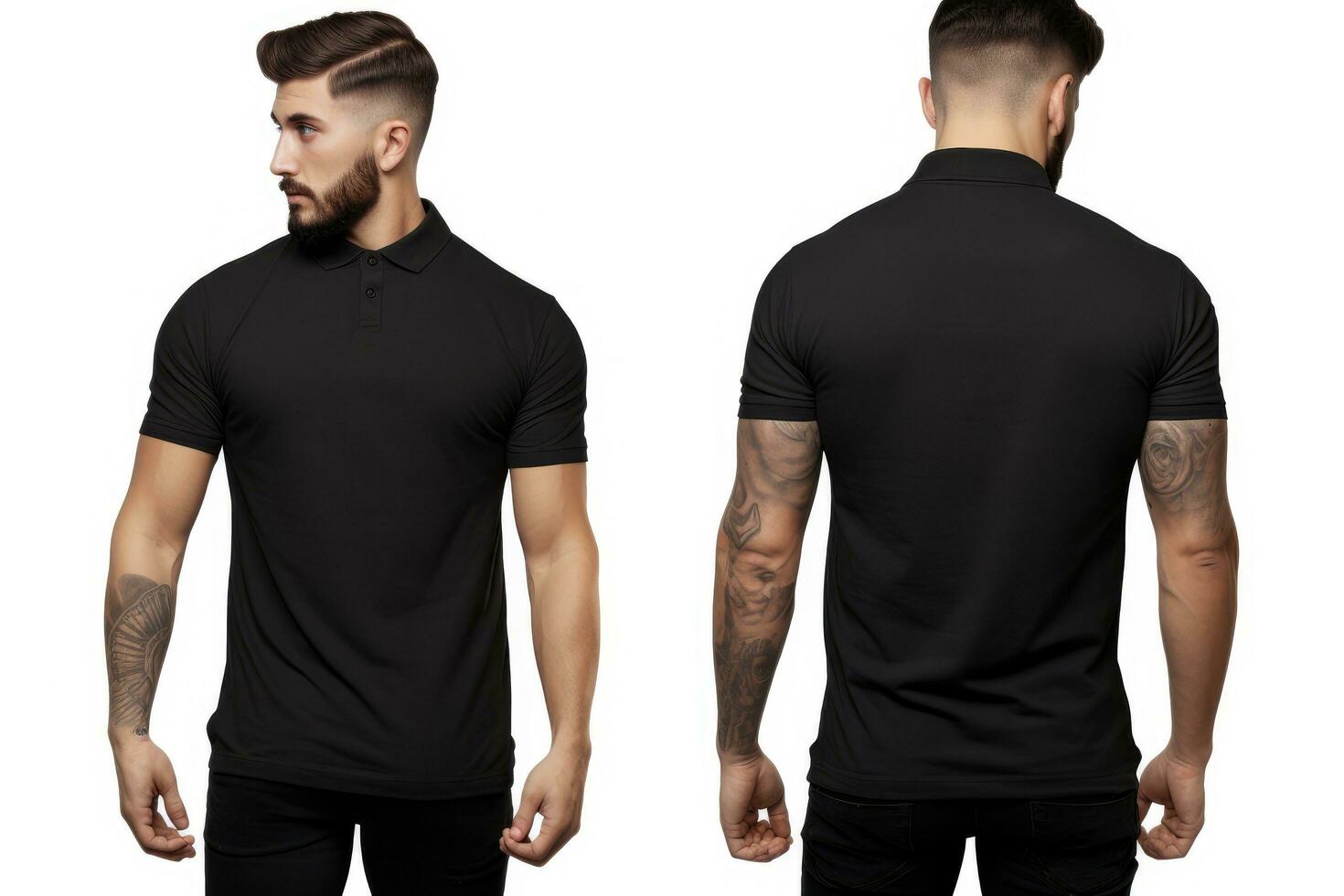 AI generated Blank black polo t-shirt template, front and back view isolated on white background, A male model wearing a simple black polo shirt on a white background, , with front and back views photo