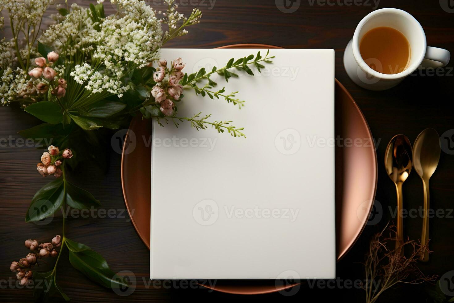 AI generated Mockup Blank Paper on Restaurant Table, Logo Showcase photo