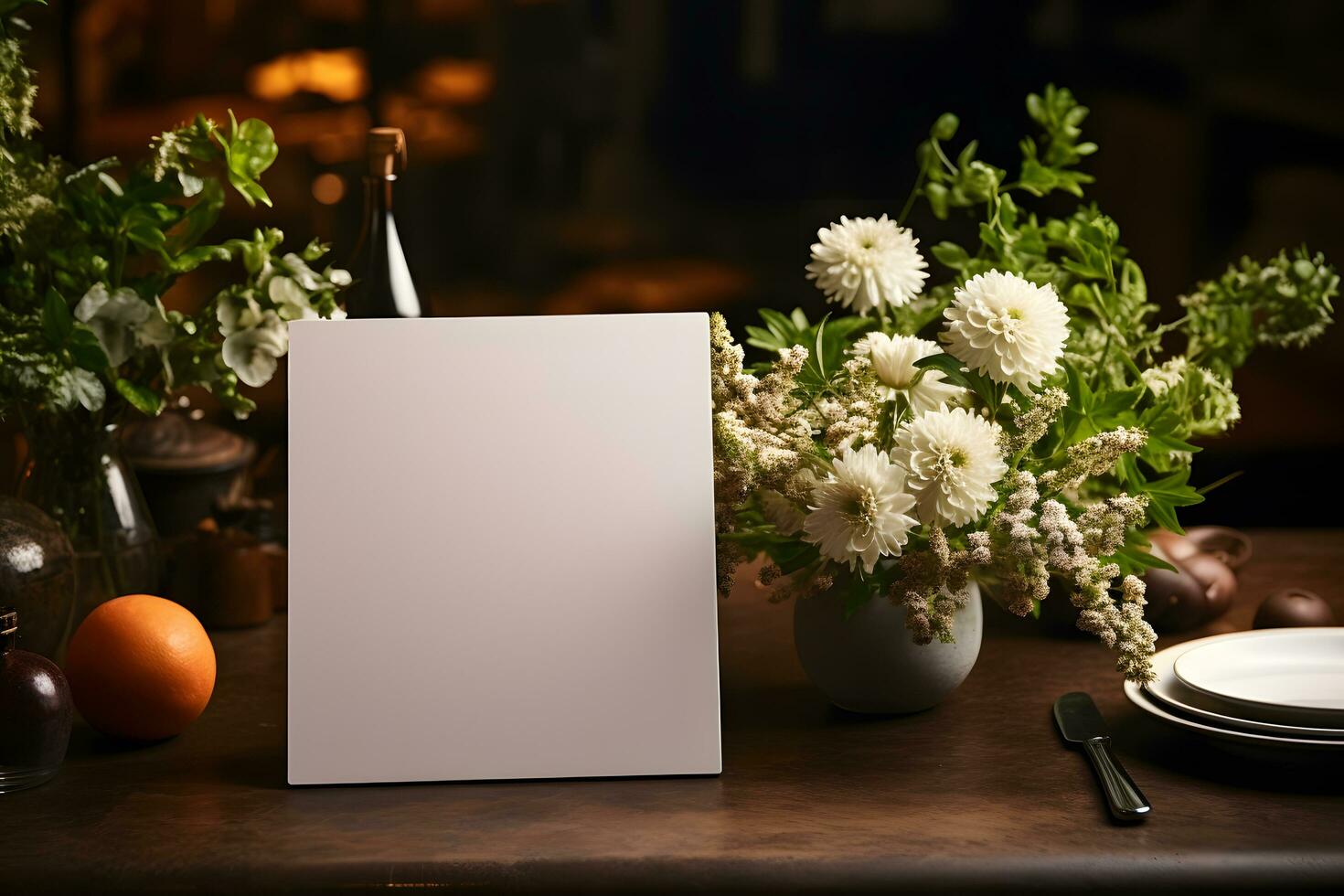 AI generated Mockup Blank Paper on Restaurant Table, Logo Showcase photo