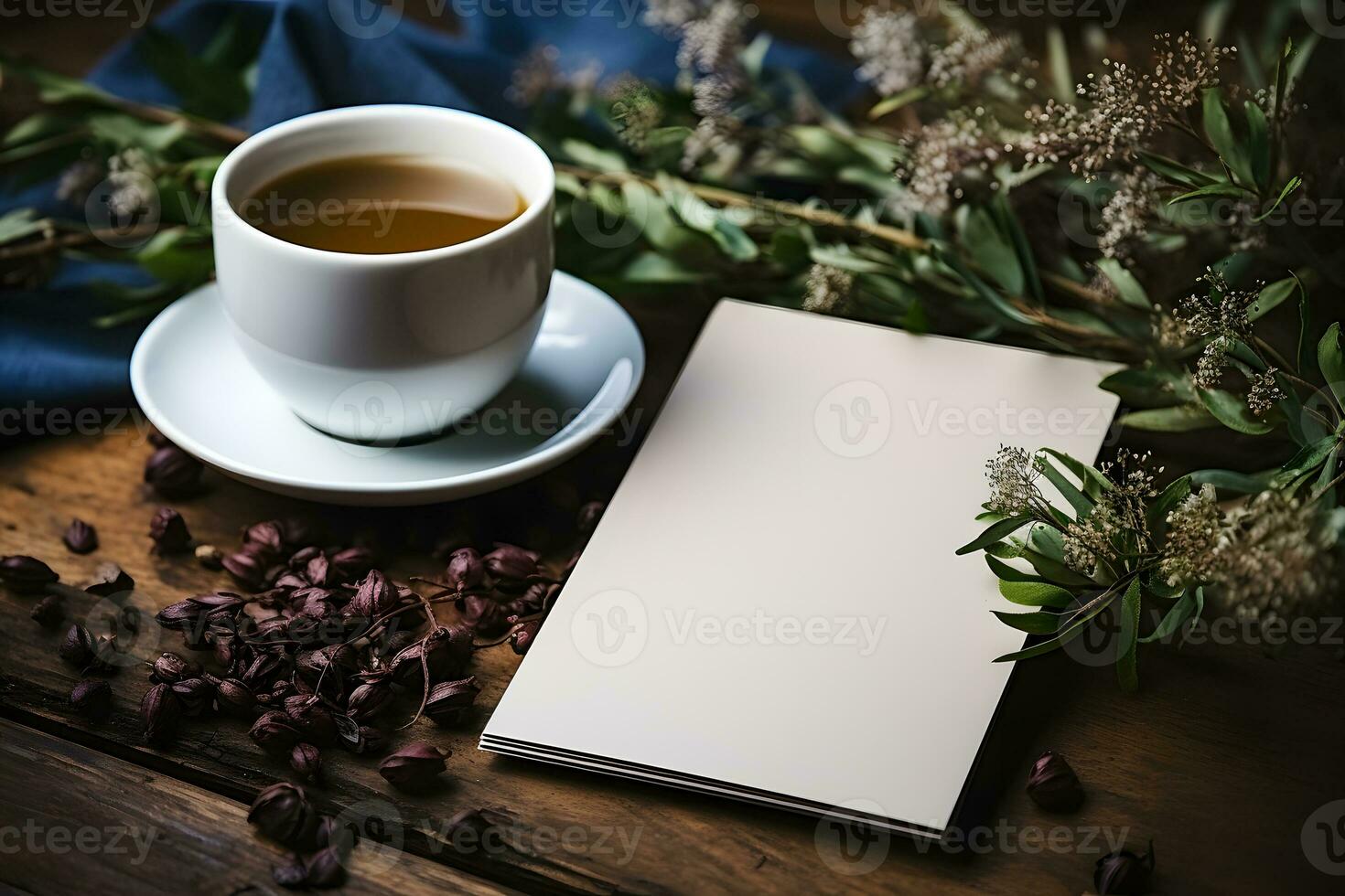 AI generated Mockup Blank Paper on Restaurant Table, Logo Showcase photo