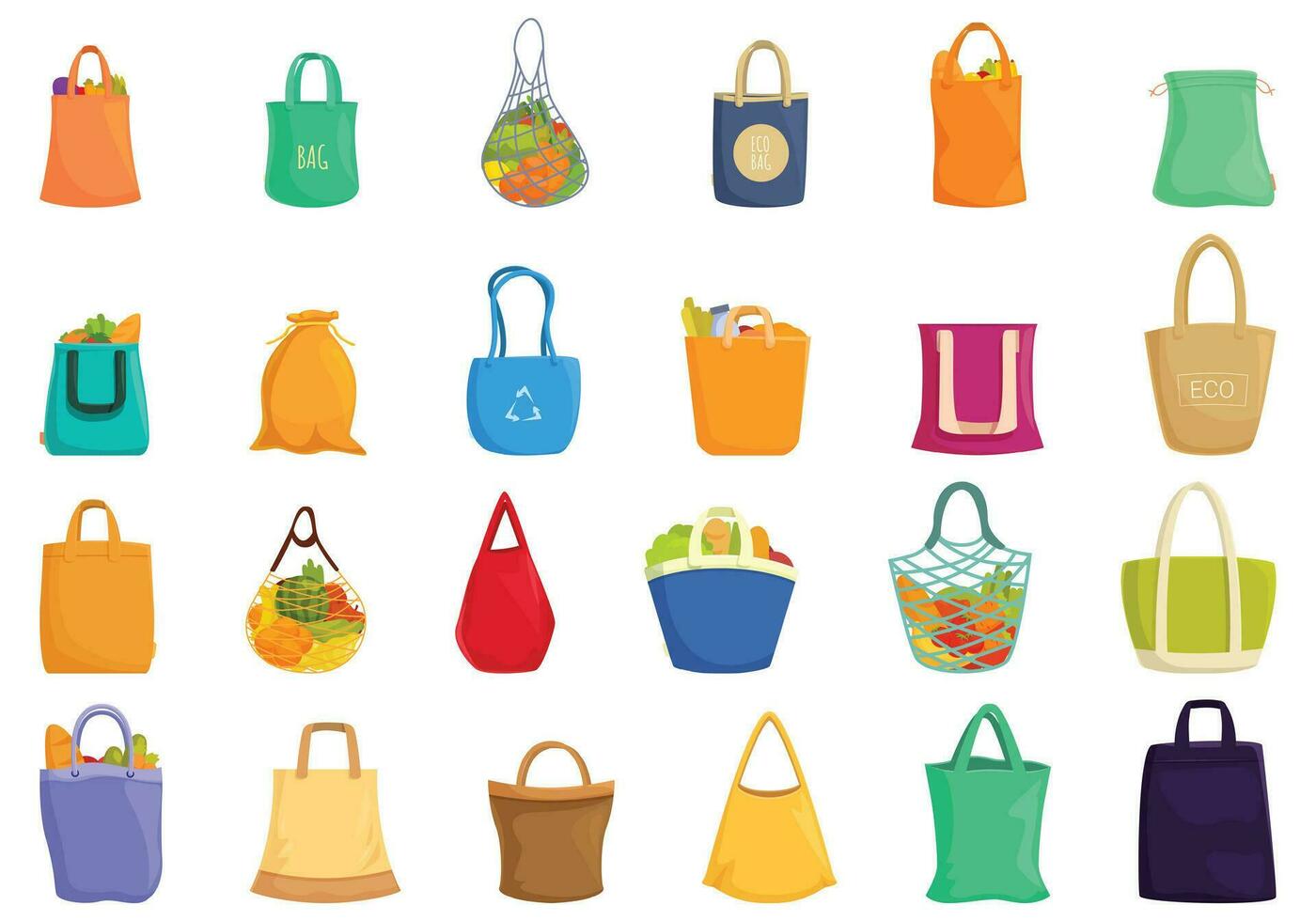 Reusable market shopper icons set cartoon vector. Sack bag fabric vector