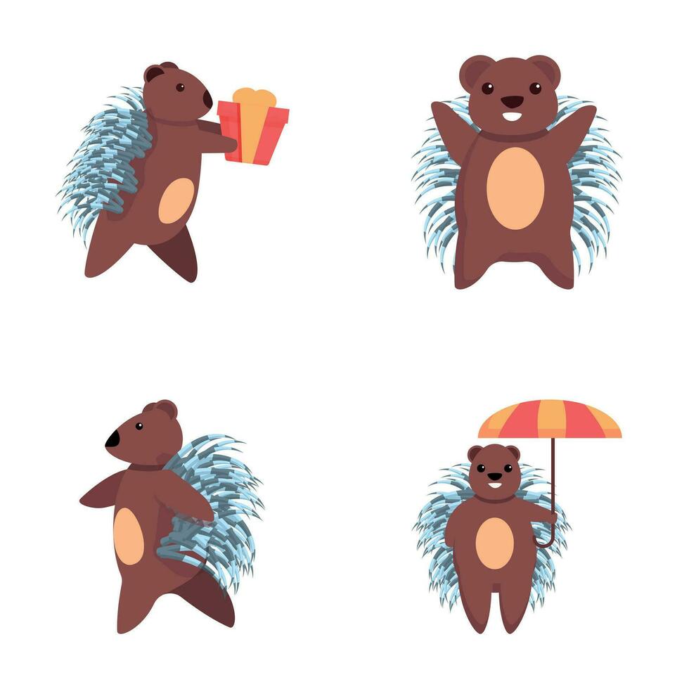 Cute porcupine icons set cartoon vector. Funny porcupine with umbrella and gift vector