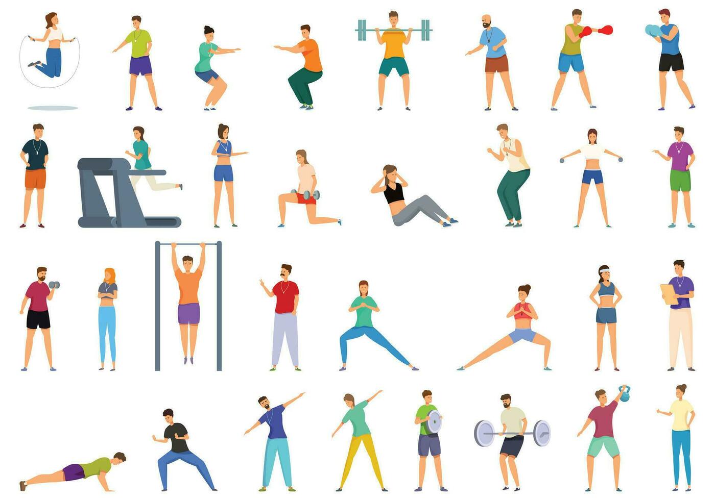 Fitness coaching training icons set cartoon vector. Gym coach vector