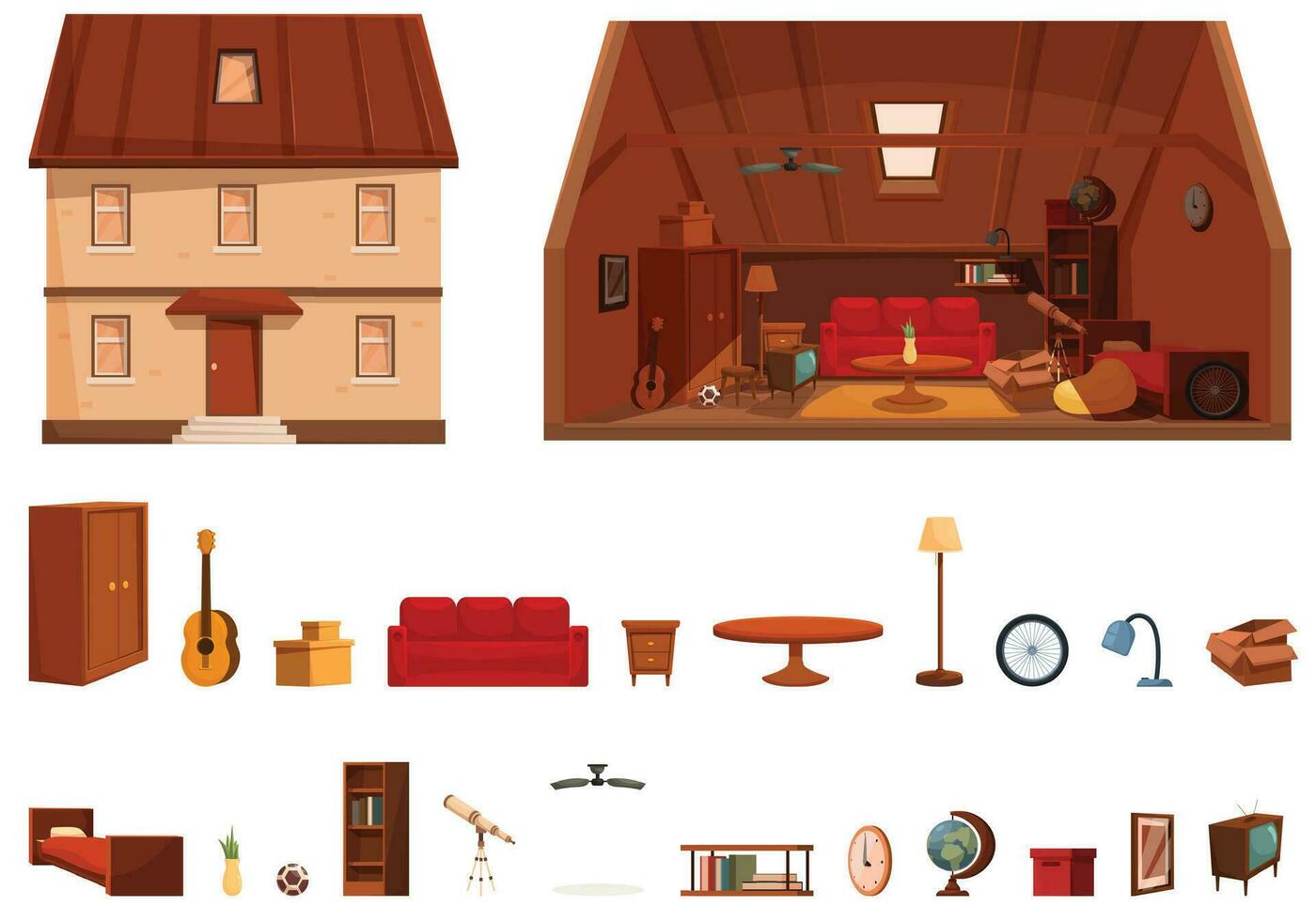 Garret icons set cartoon vector. Attic loft house vector