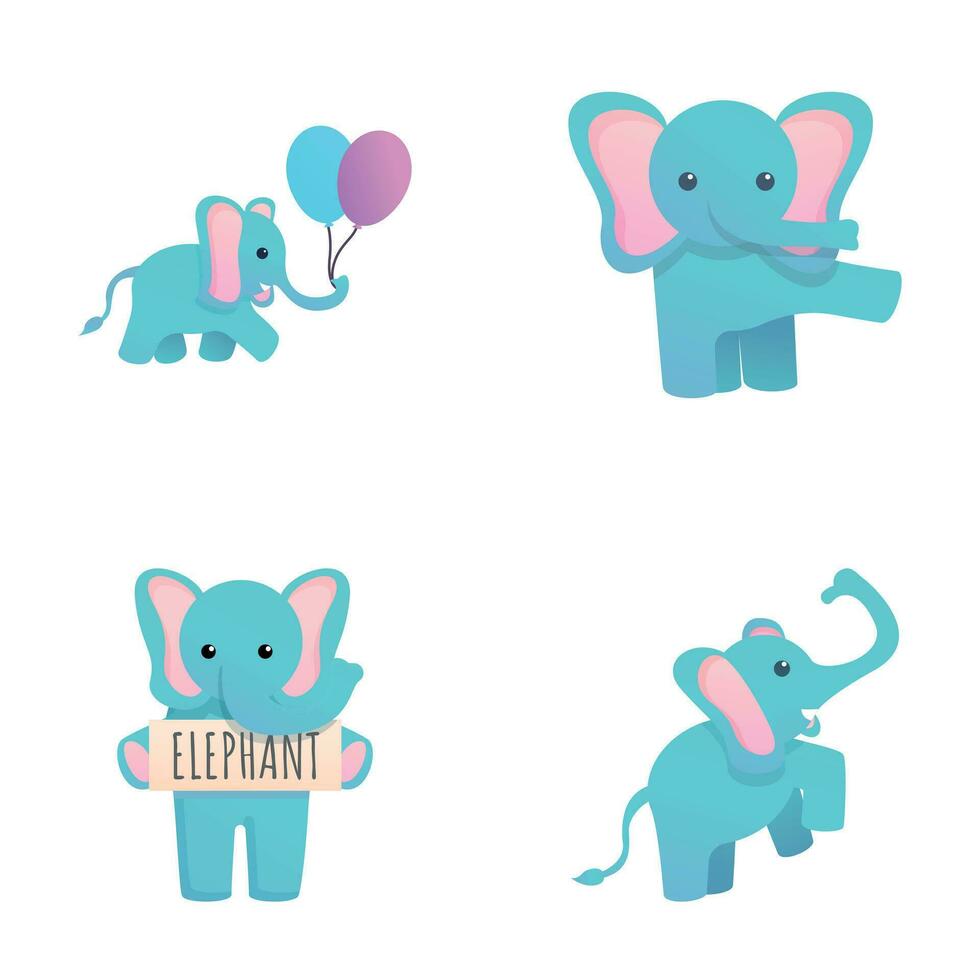 Cute elephant icons set cartoon vector. Baby elephant with balloon vector