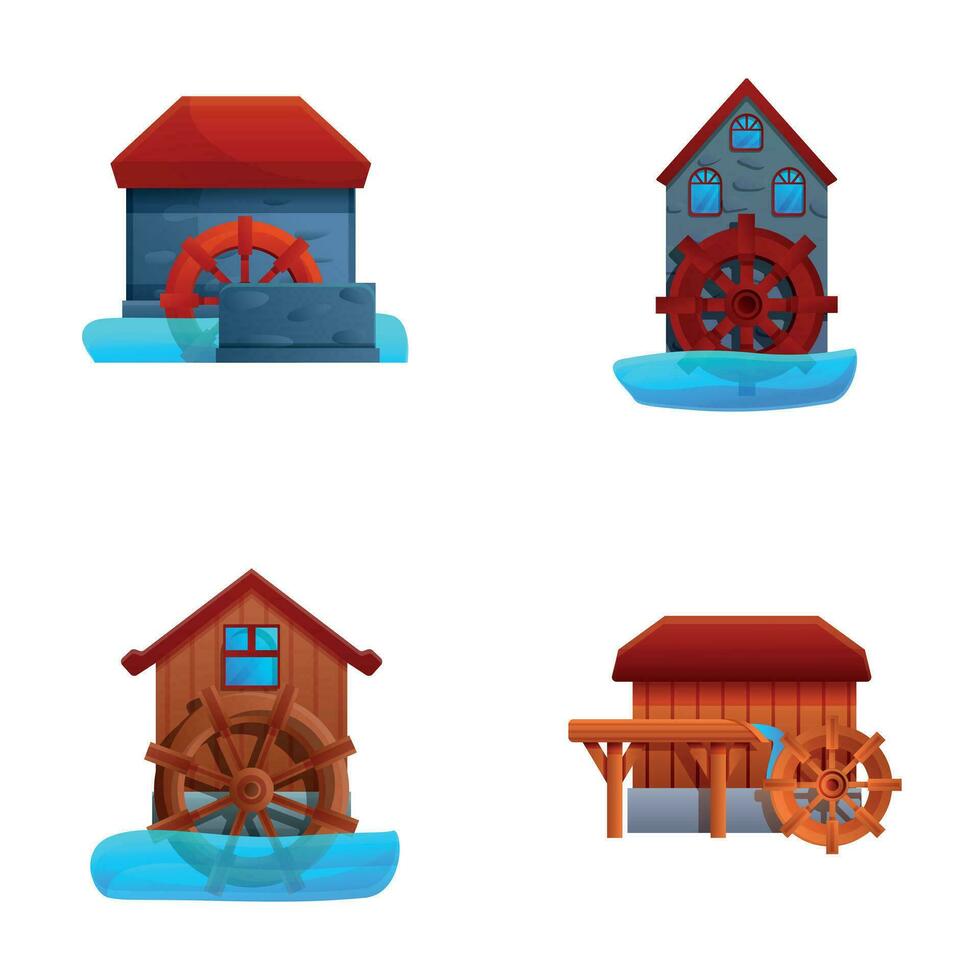 Watermill icons set cartoon vector. Wooden structure that uses river hydropower vector