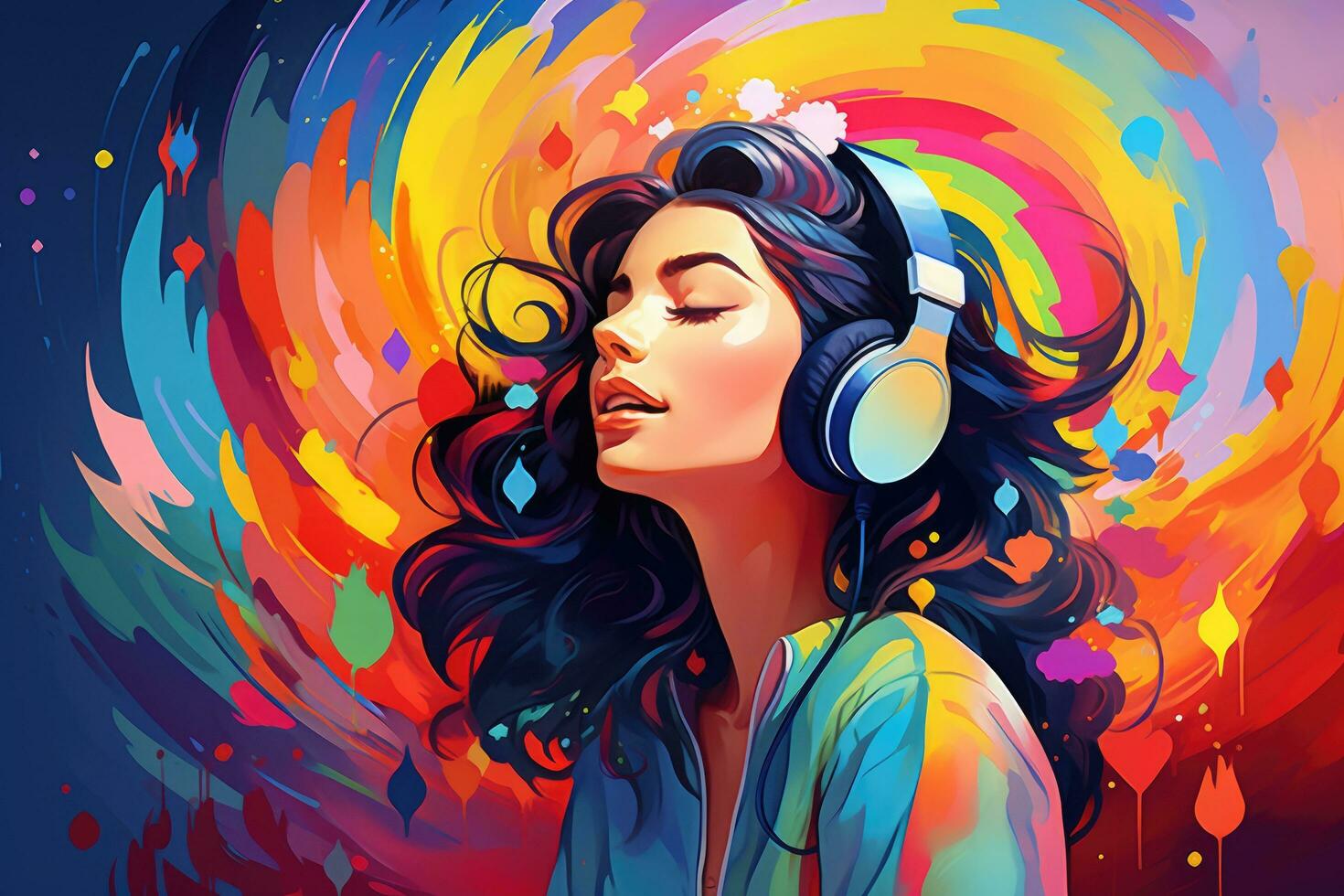 AI generated Beautiful girl listening to music with headphones on colorful background. Vector illustration, A girl with headphones in a colorful vivid background, An illustration of auditory photo