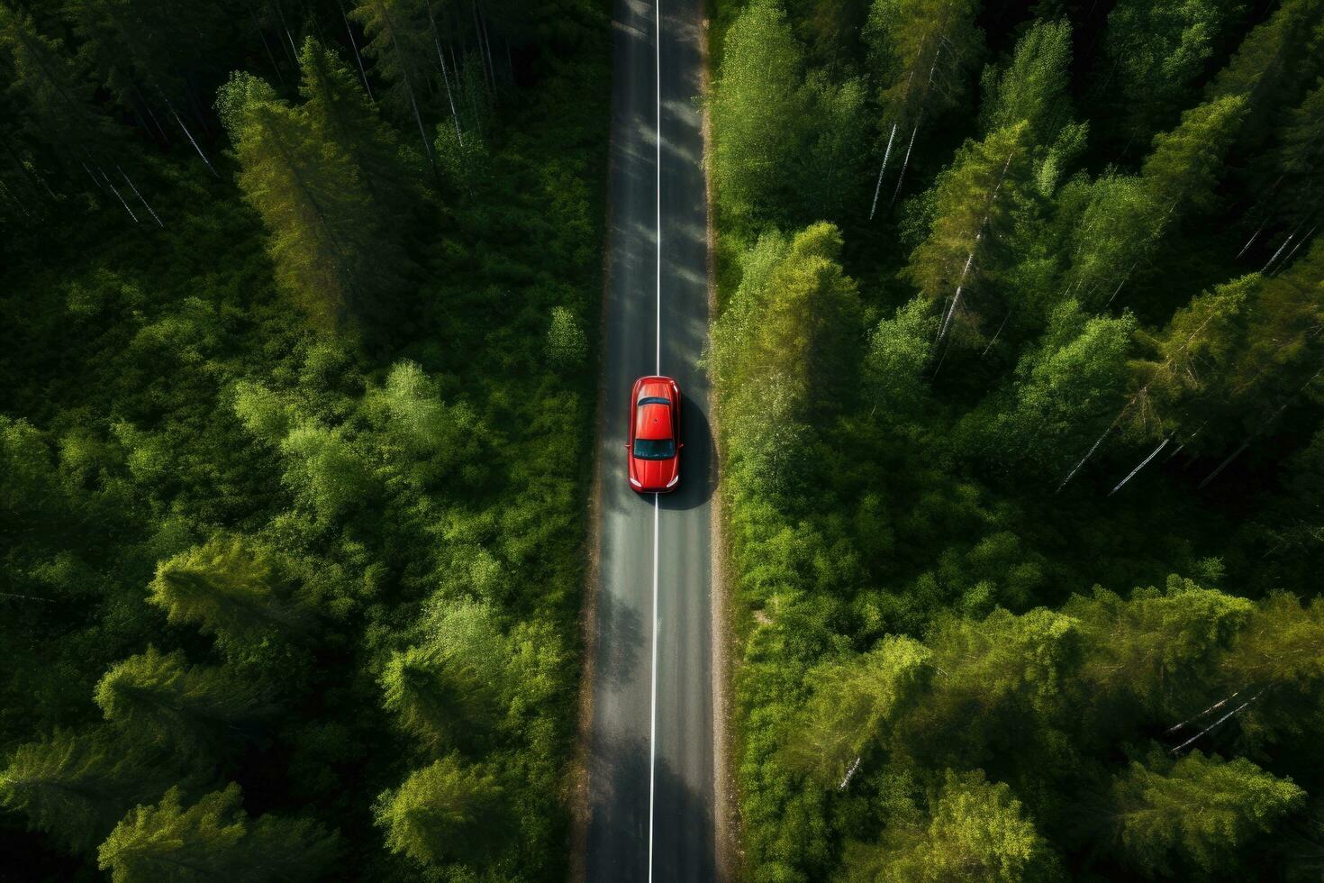 AI generated Aerial view of a red car driving on the road in the forest, Aerial view of a red car with a roof rack on a green summer forest country road in Finland, AI Generated photo