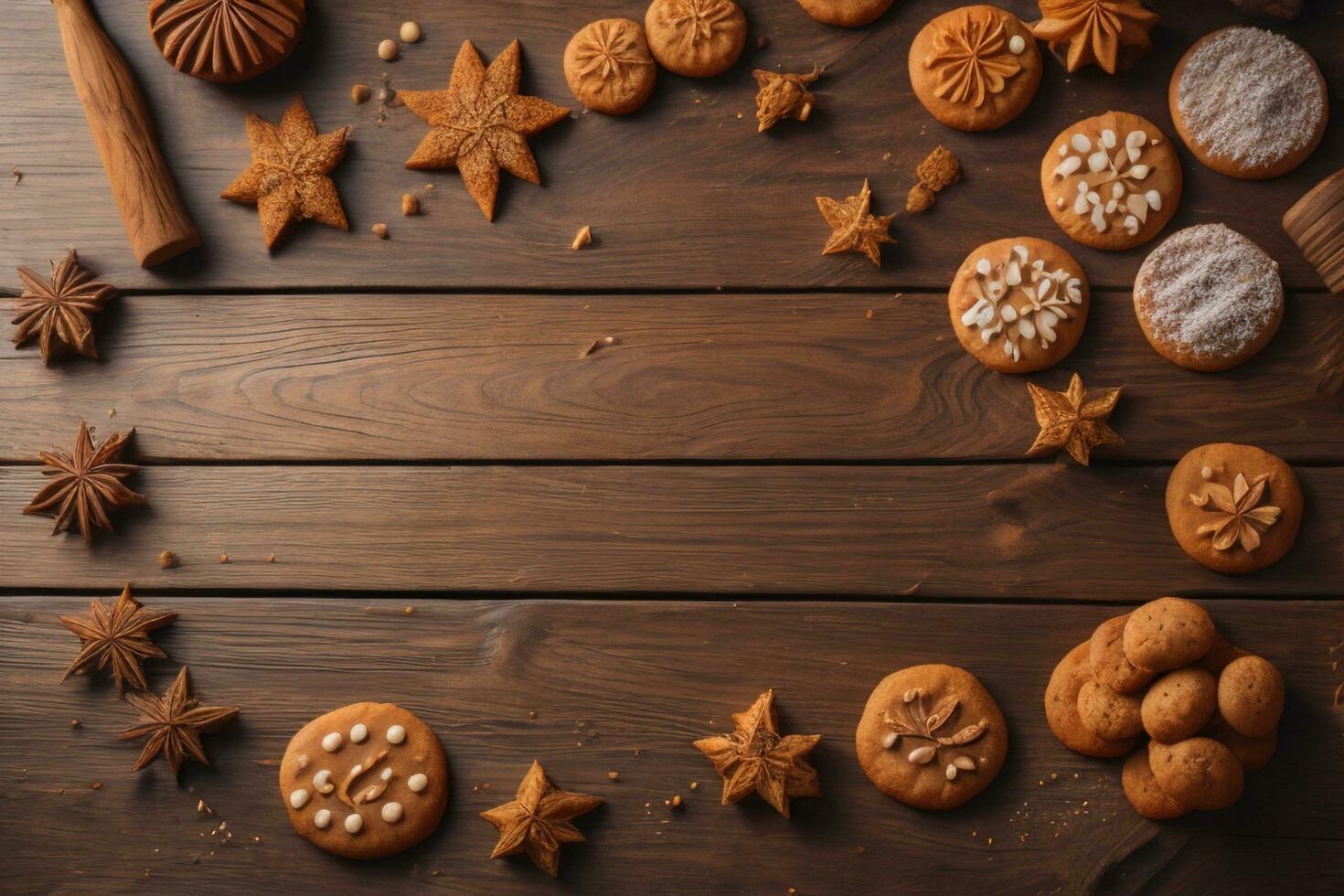 AI generated Cookies on a wooden table. Top view. ai generative photo