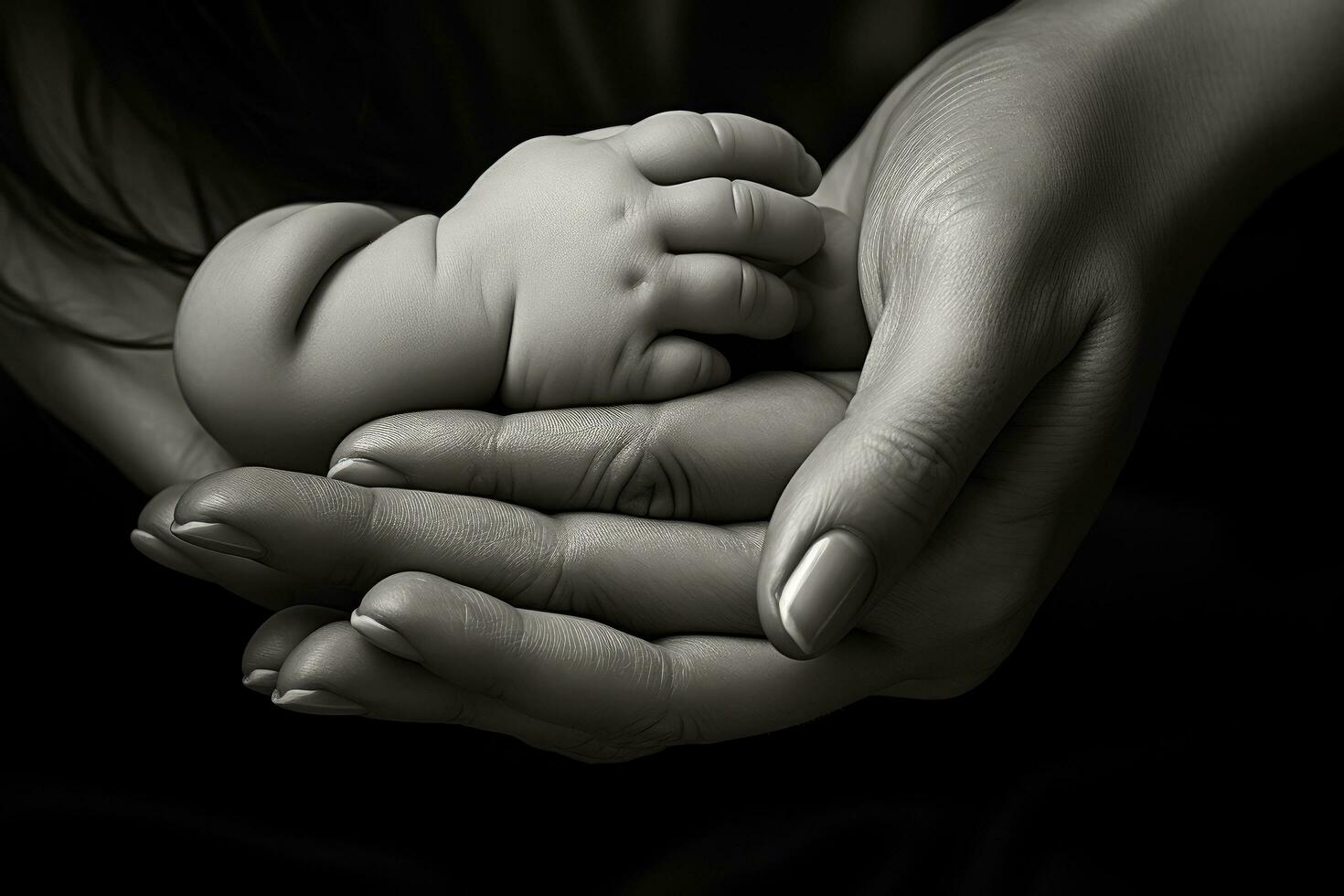 AI generated Hands of mother and baby on black background, close up, Baby feet in mother's hands, close-up, AI Generated photo