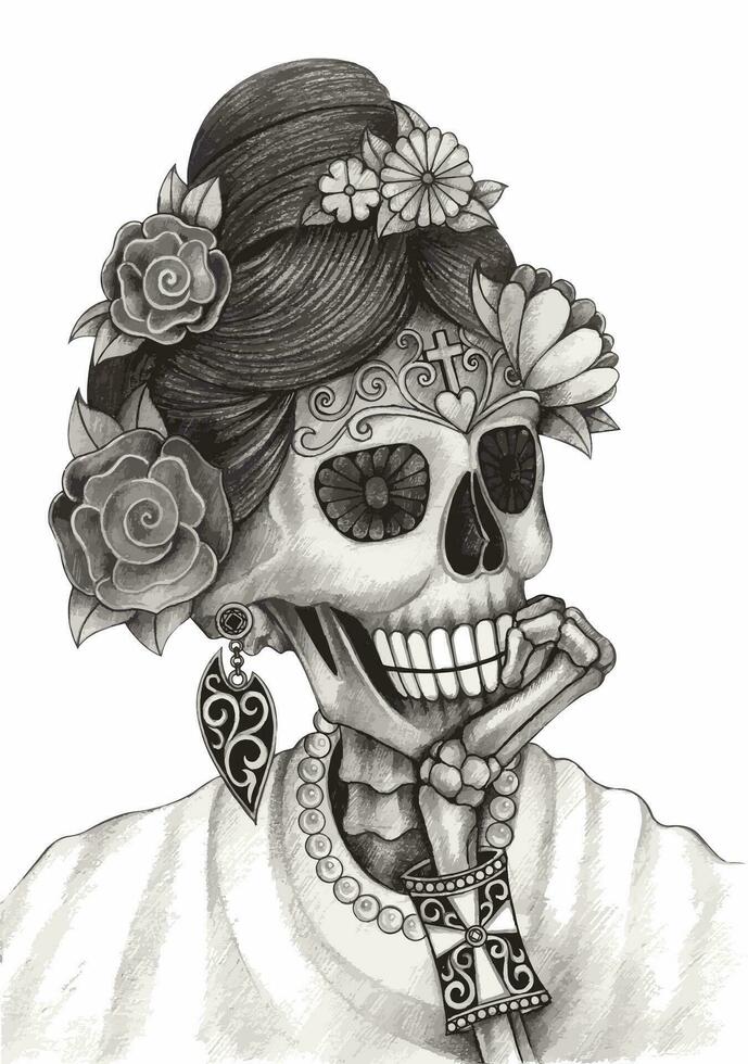 Female skeleton fashion model design by hand drawing on paper. vector