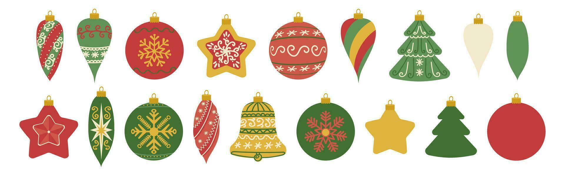 Colored Christmas tree ornaments. Decorative decorations for Christmas and New Year. Christmas ball, star, bell, spruce, icicle. Vector illustration.