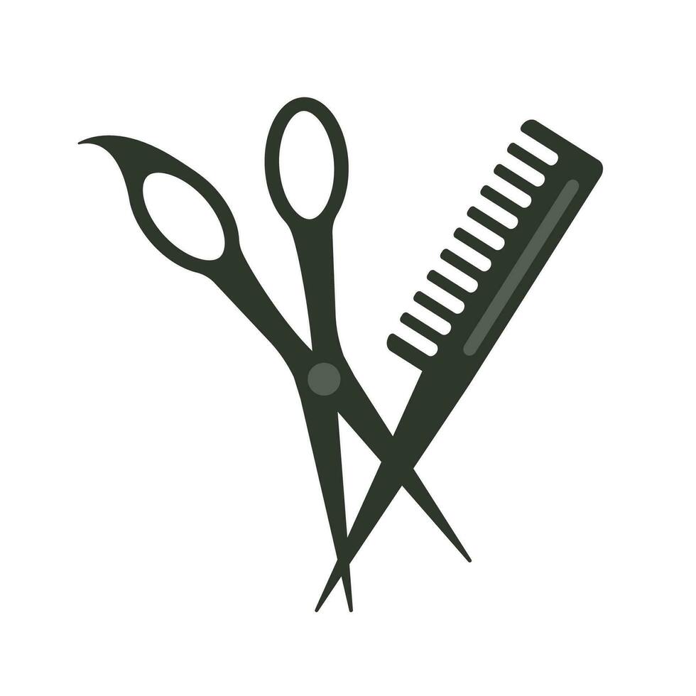 Set of flat silhouette of a hairbrush and scissors on a white transparent background. vector
