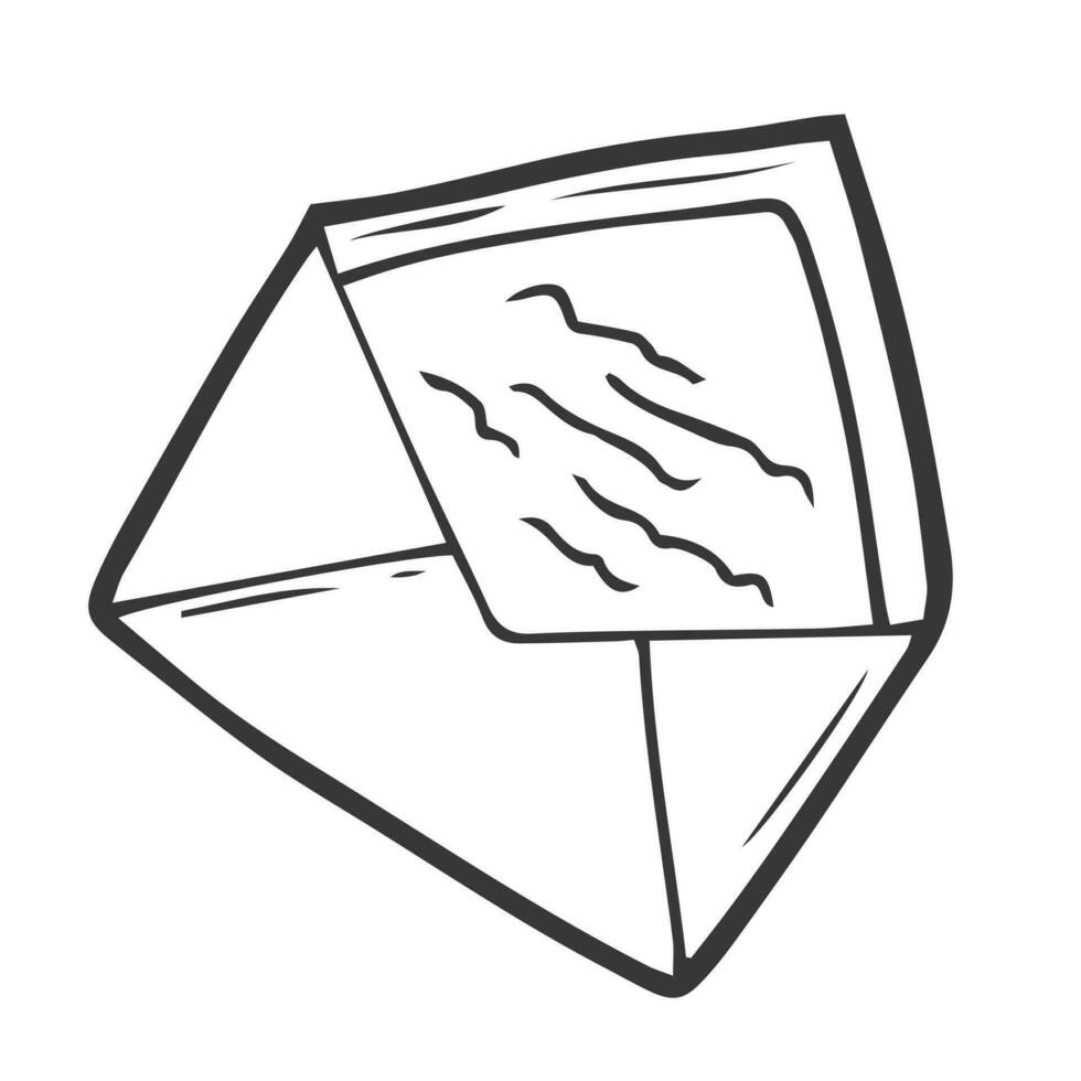Vector illustration. Hand drawn doodle of opened envelope. Incoming message has been read. Cartoon sketch. Decoration for greeting cards