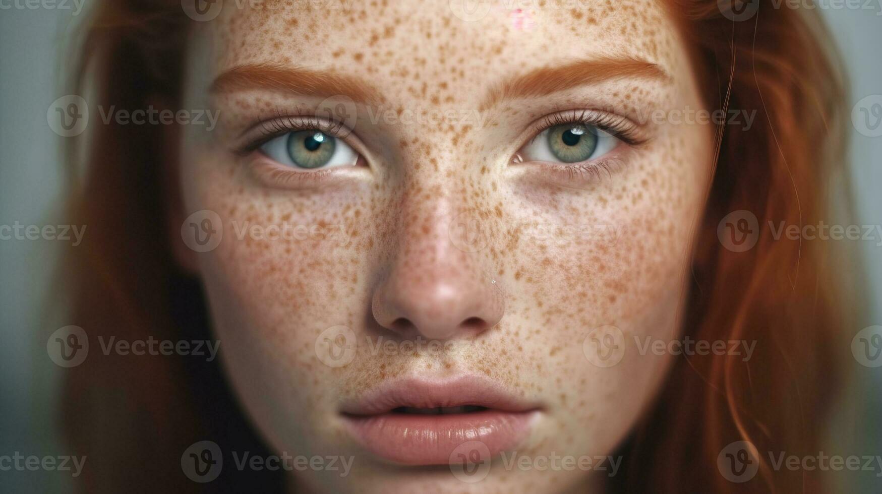 AI generated Serious freckled girl facial, close up portrait, against a light-colored background photo