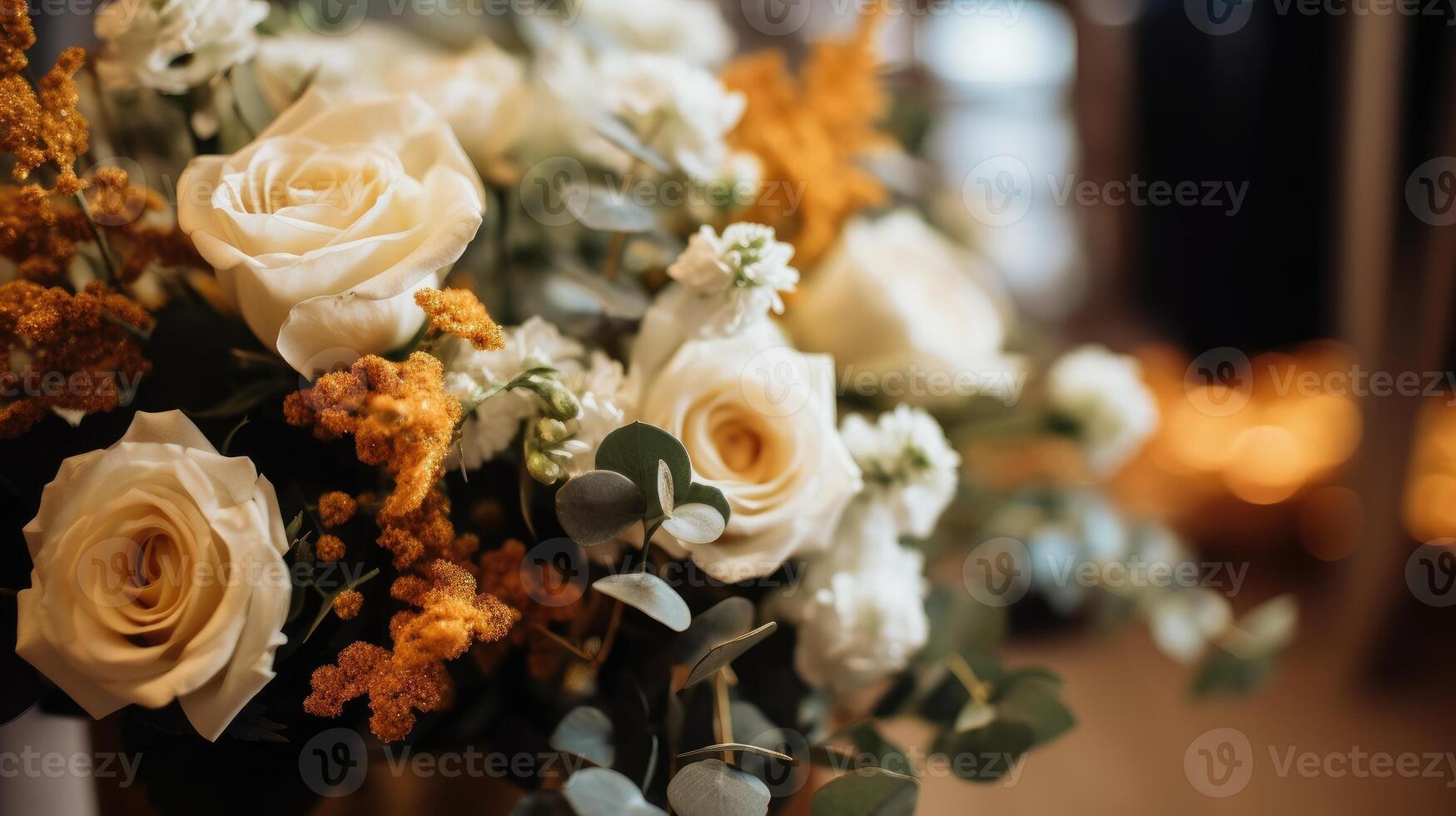 AI generated Beautiful luxury wedding floral centerpieces flower bouquet in a vase or pot on the wedding table or as a decoration in a romantic dinner or wedding table reception. Copy space. photo