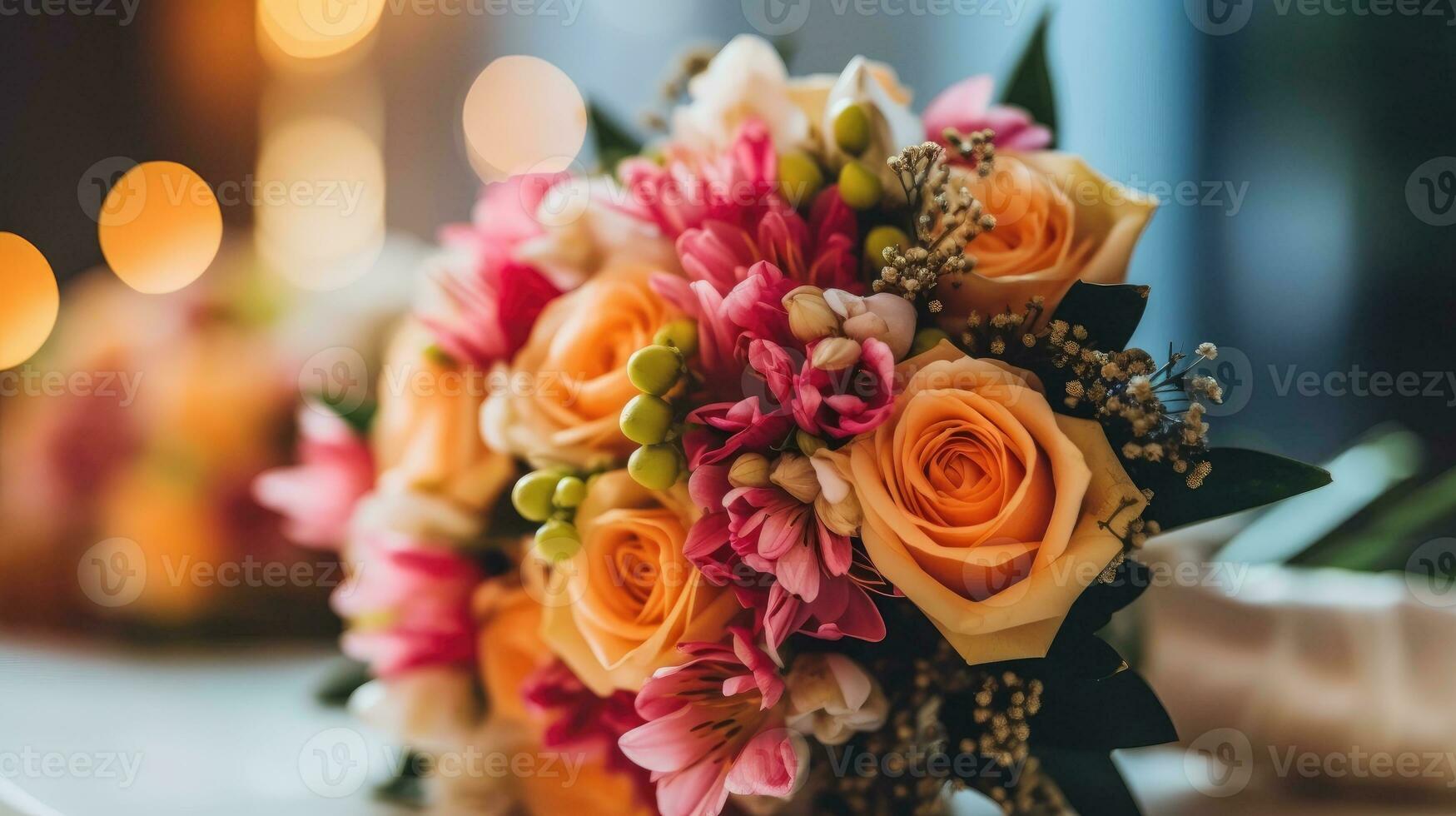 AI generated Beautiful flower bouquet for express love in a valentine day, anniversary, casual date, romantic dinner, wedding ceremony, table reception or special love event. photo