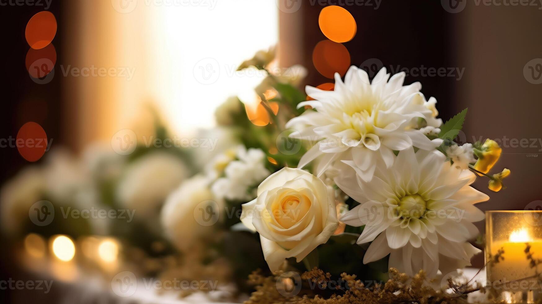 AI generated Beautiful luxury wedding floral centerpieces flower bouquet in a vase or pot on the wedding table or as a decoration in a romantic dinner or wedding table reception. Copy space. photo