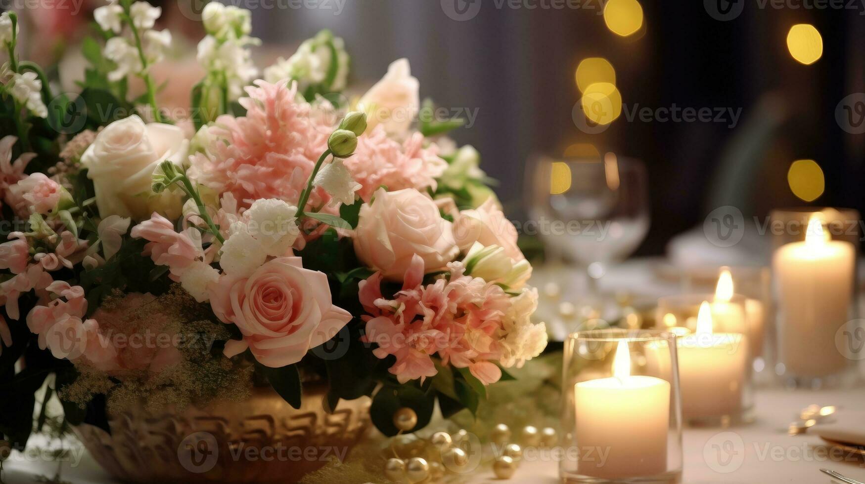 AI generated Beautiful luxury wedding floral centerpieces flower bouquet in a vase or pot on the wedding table or as a decoration in a romantic dinner or wedding table reception. Copy space. photo