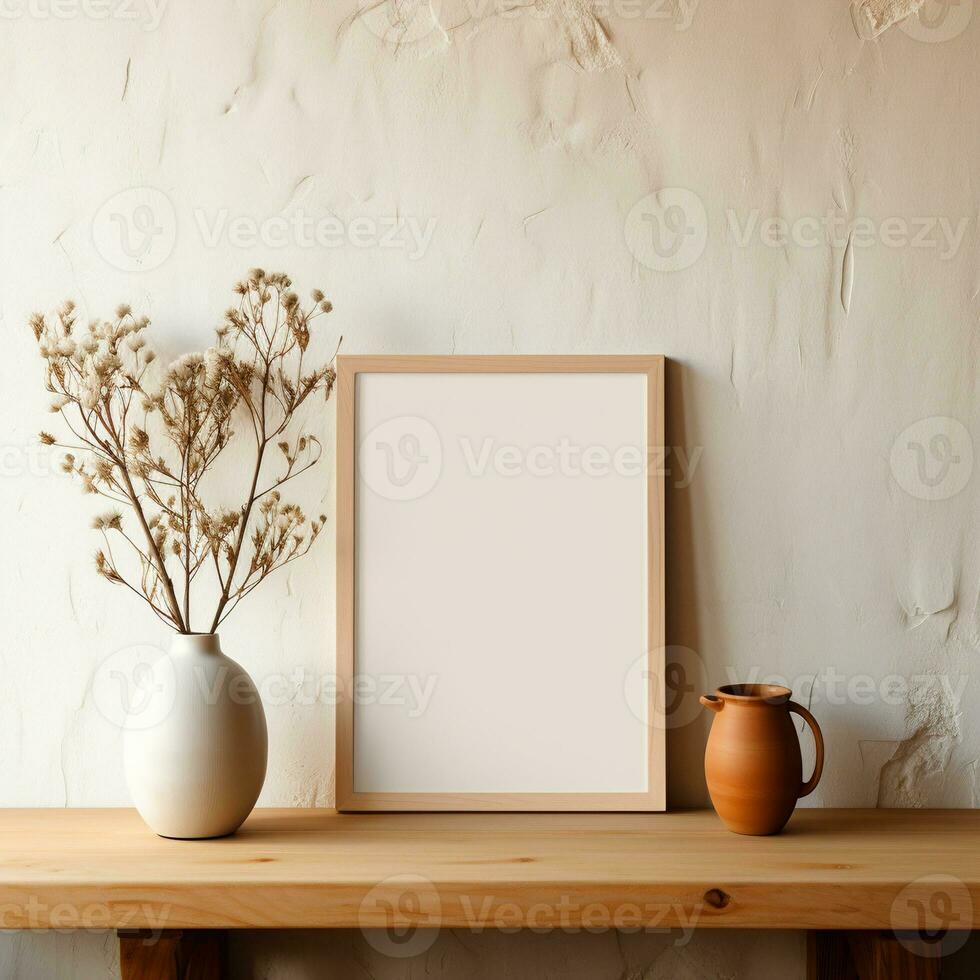 AI generated wooden frame mock up leaning against the wall beside plant and pot photo
