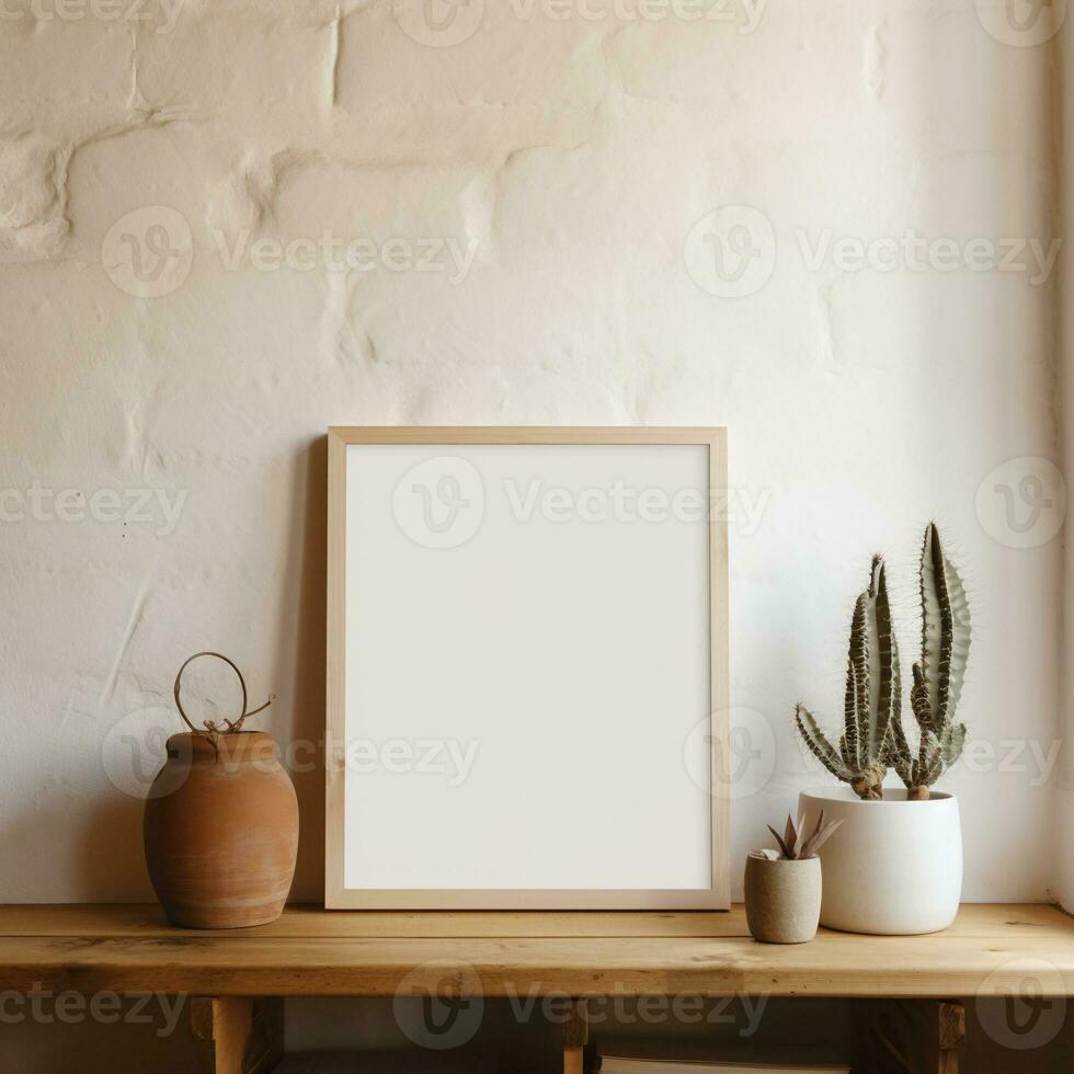 AI generated wooden frame mock up leaning against the wall beside plant and pot photo