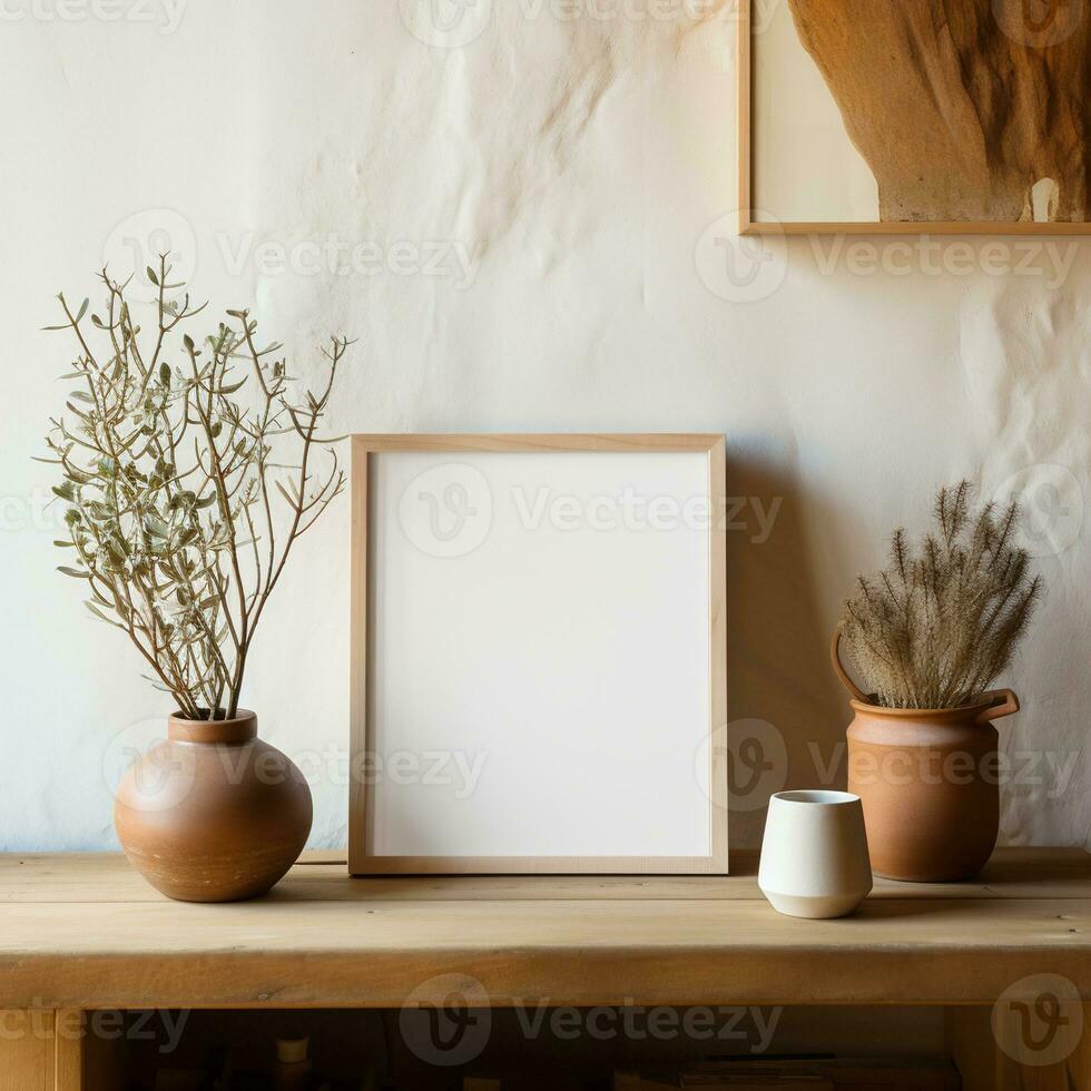 AI generated wooden frame mock up leaning against the wall beside plant and pot photo