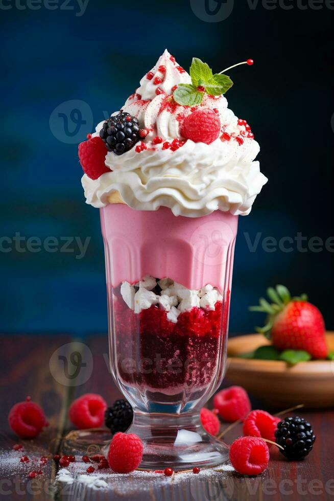 AI generated Strawberry milkshake with whipped cream and cherry on top, retro dessert topping photo