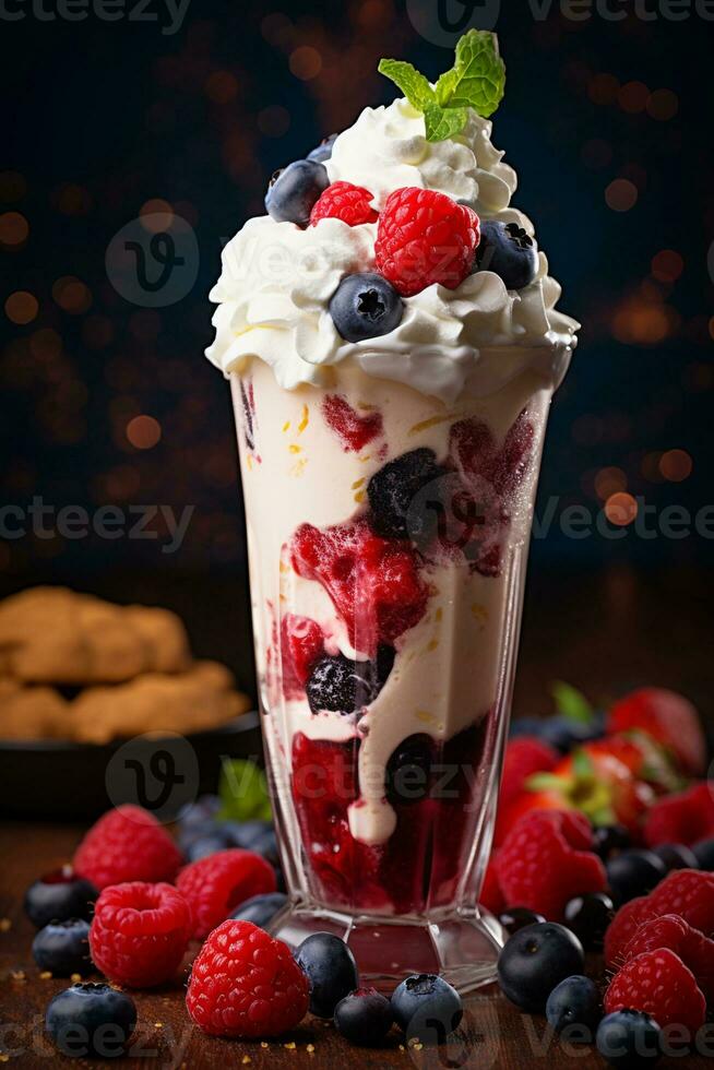 AI generated Strawberry milkshake with whipped cream and cherry on top, retro dessert topping photo