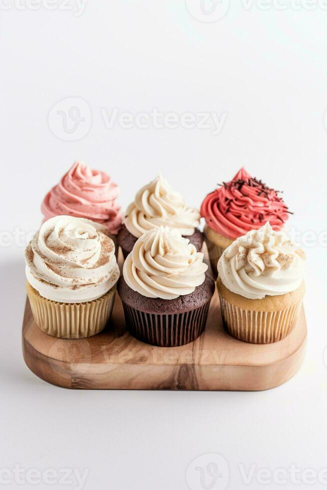 AI generated the delicious allure of perfectly frosted cupcake pristine whites on a background. photo