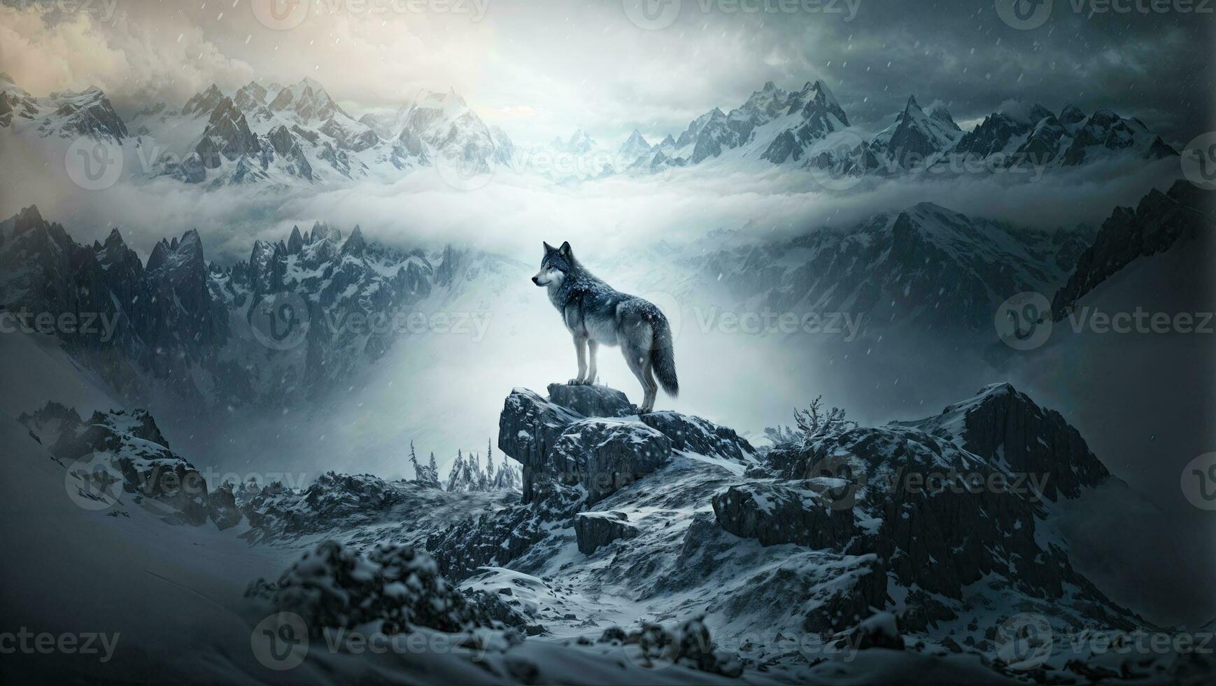 AI generated A lone wolf stands on a rocky cliff. the vast area in winter. Signifies the arrival of winter photo