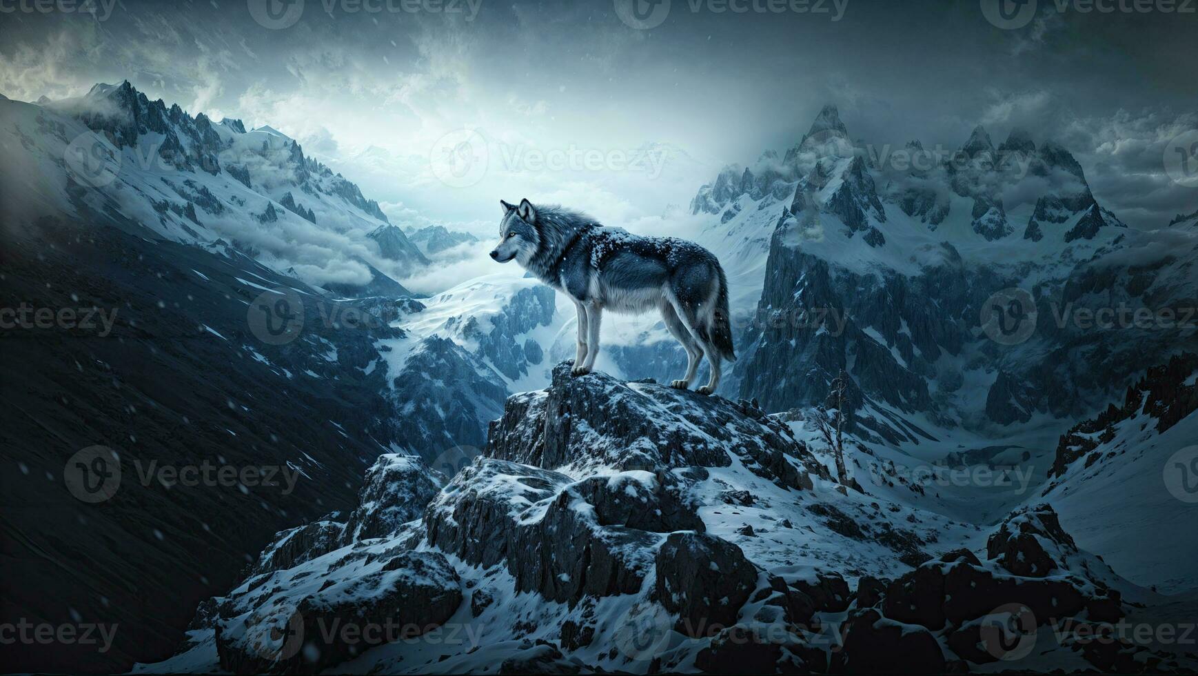 AI generated A lone wolf stands on a rocky cliff. the vast area in(09)