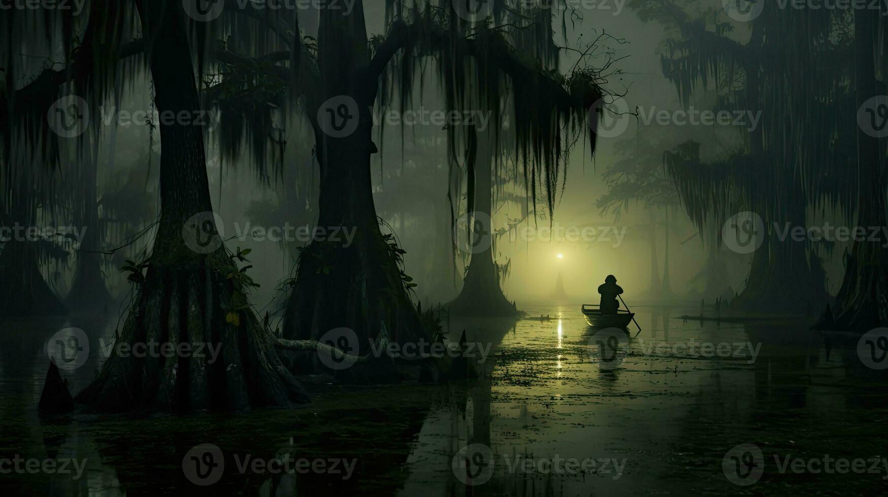 Mystical swamp in an ominous fog. Fantasy background. Generative AI photo