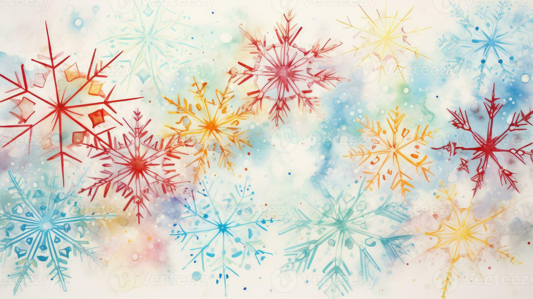 Watercolor painted winter colorful snowflakes abstract background. Generative AI photo