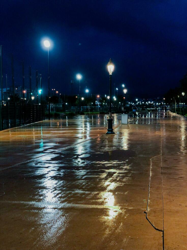 lluvioso noche en un público parque. un caminar mediante naturaleza foto
