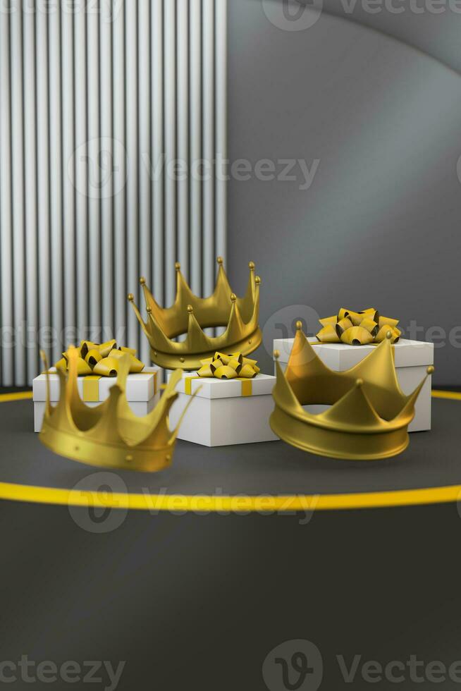 Happy epiphany day with gift box and floating golden crown photo