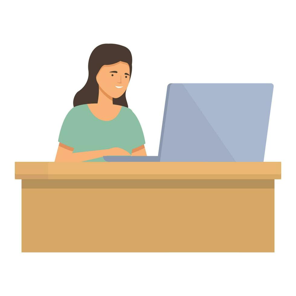 Smiling girl laptop work icon cartoon vector. Person home space vector