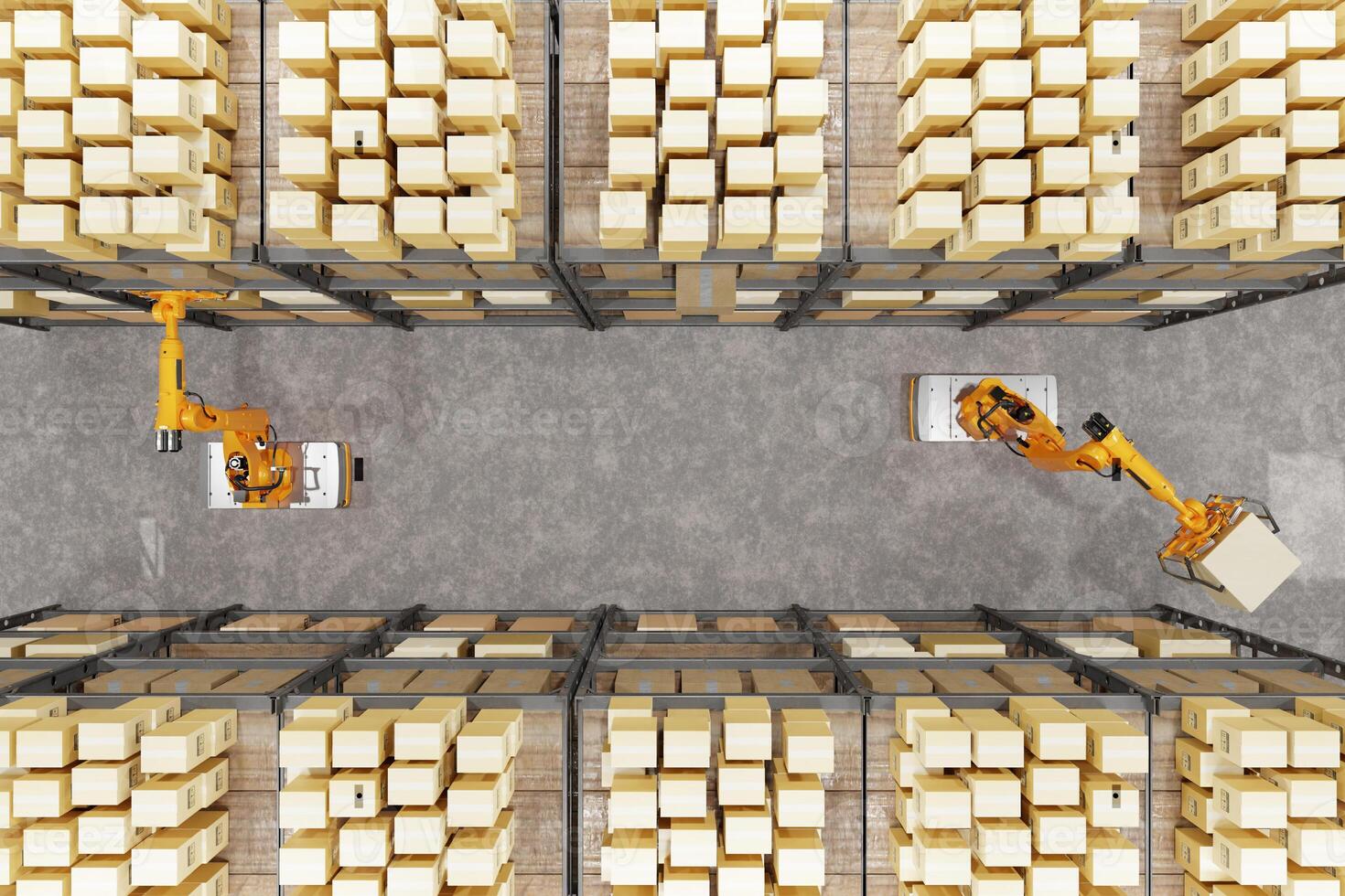 Warehouse, automatic robots, loading and unloading of boxes and goods, artificial intelligence, logistics. Robots sort and move boxes. Top view. photo