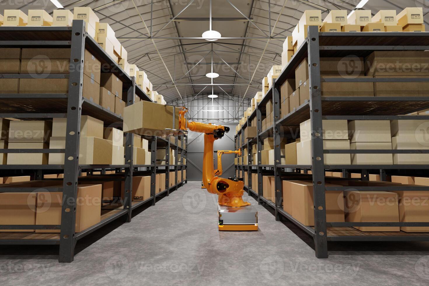 Warehouse, automatic robots, loading and unloading of boxes and goods, artificial intelligence, logistics. Robots sort and move boxes. technologies of future. photo