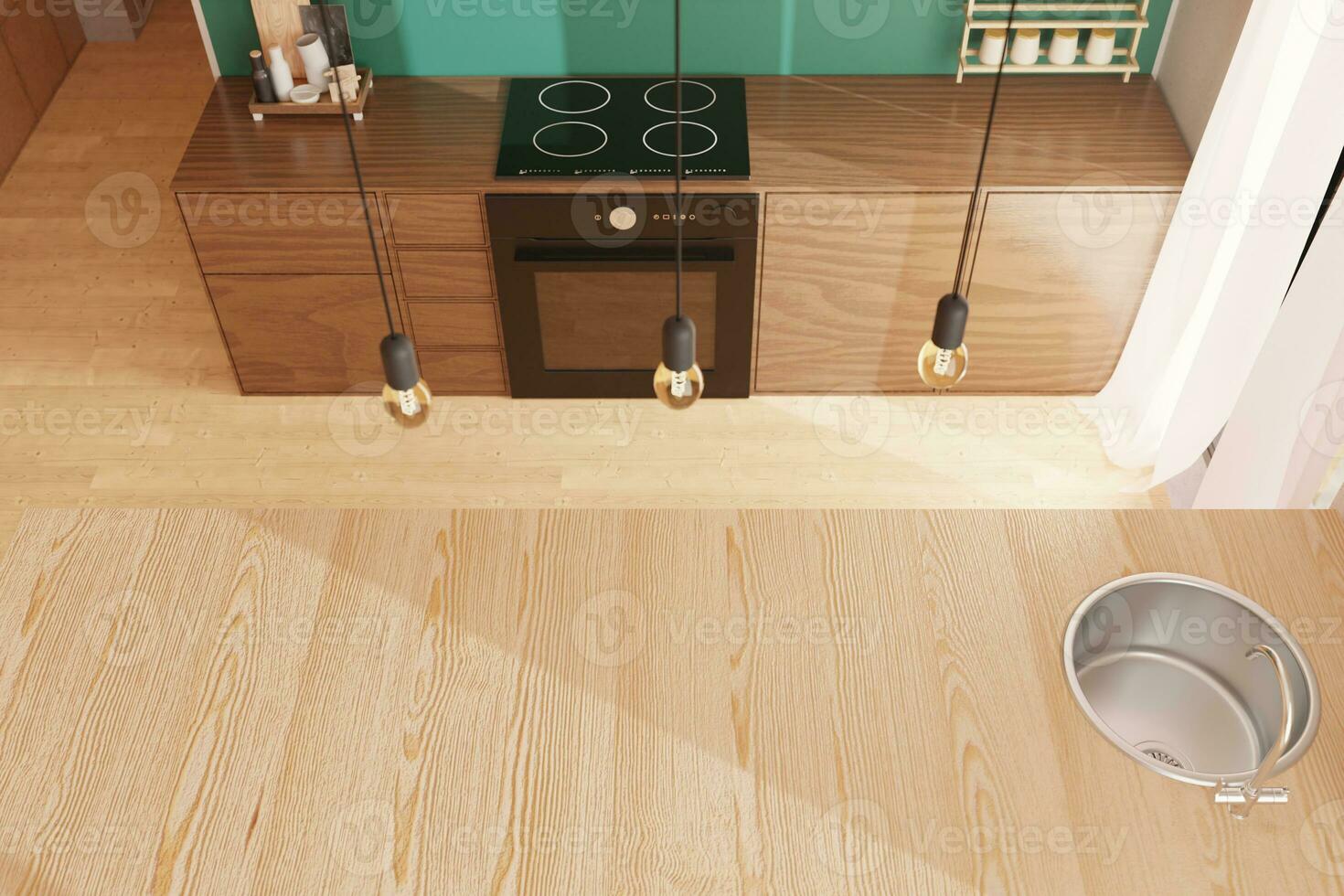 3d hacer interior cocina, de madera armarios, comida mesa, decoraciones y alimento. parte superior vista, vacío espacio. foto